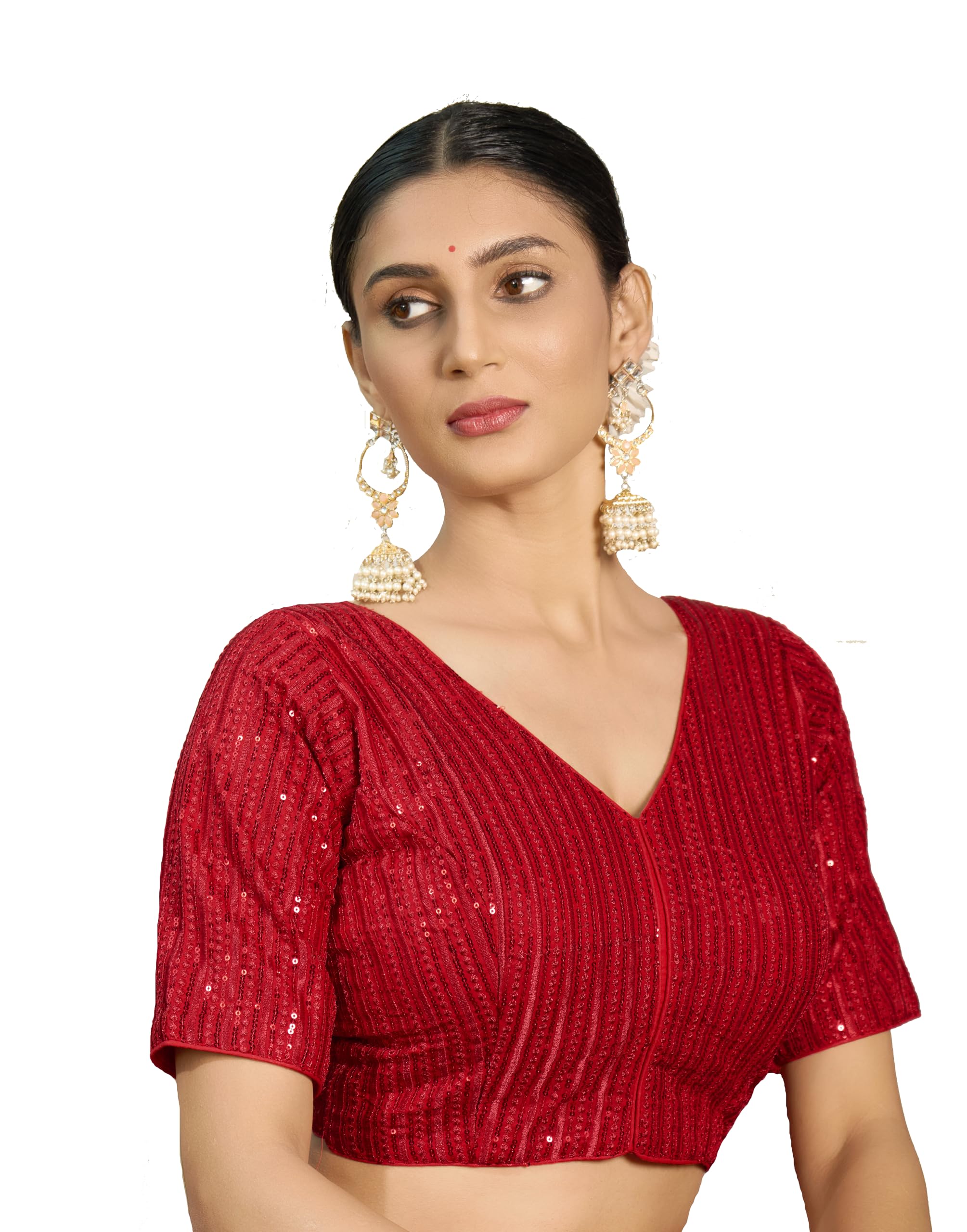 Pujia Mills Women's Indian Ethnic Wear Designer Silver Sequence With Matching Embroidered Work V Neck Half Sleeve Readymade Padded Saree Blouse Readymade Unique Red Color Saree Blouse