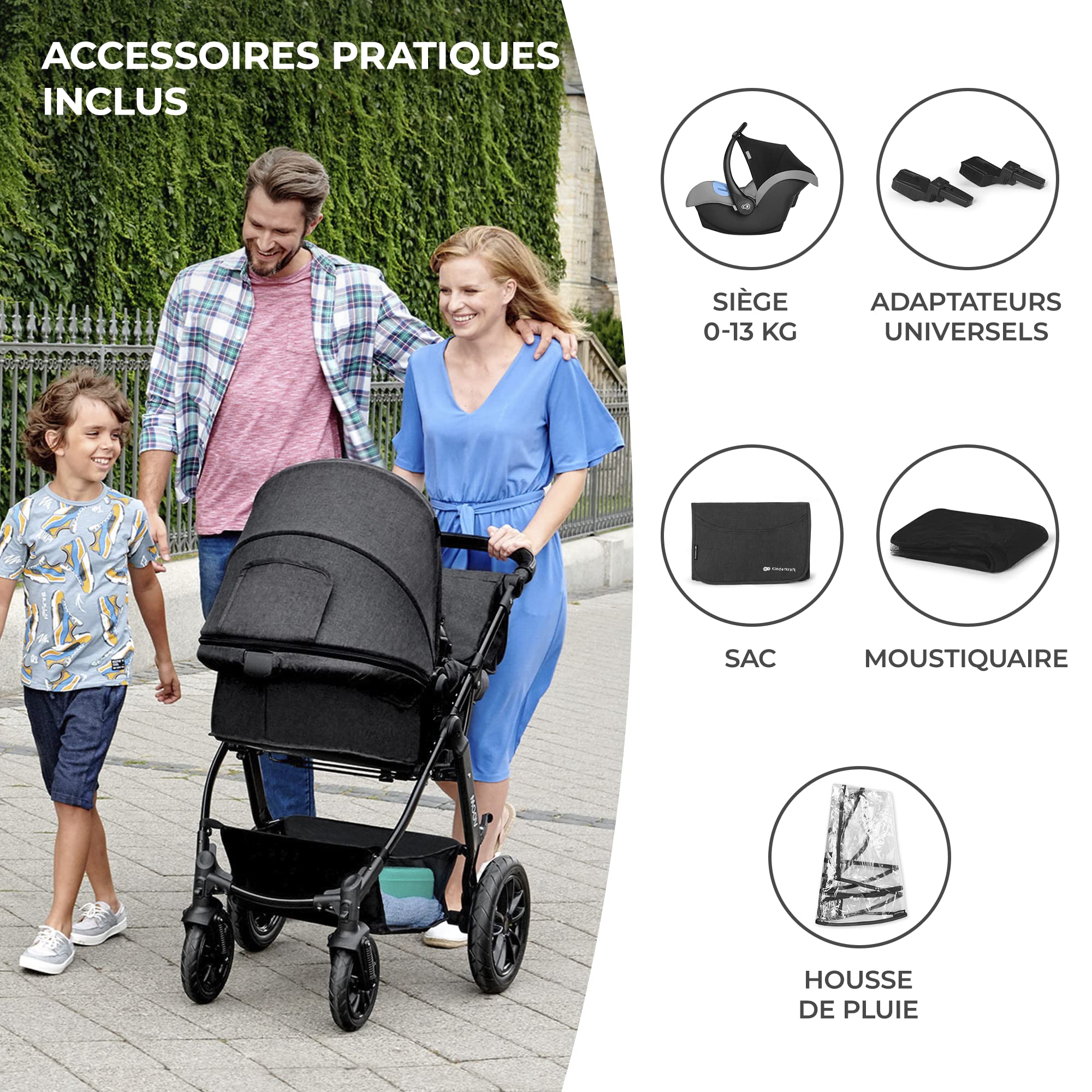 Kinderkraft Poussette 3en1 Moov Trio Siège Auto Gris