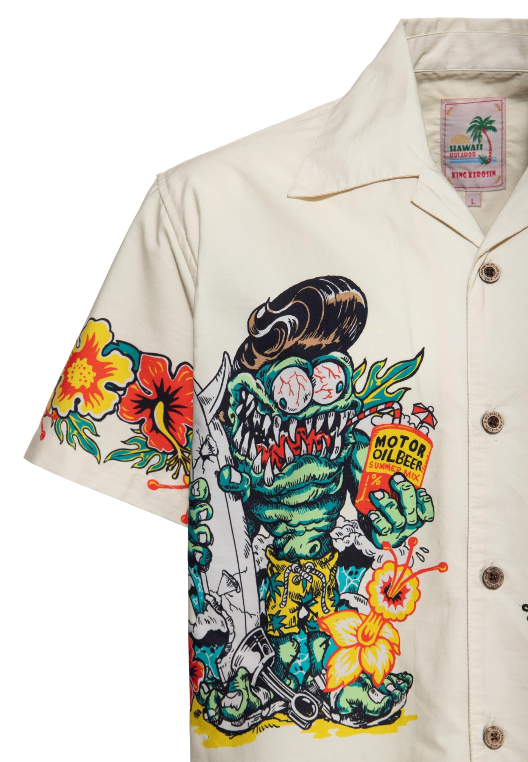 King Kerosin Herren Hawaii · Hemd · Kurzarm · Hawaiian Shirt · Artwork · Cartoon · Print · Monster · Surfer · Vintage · Retro · 50s · Rockabilly · Bio Baumwolle · I Make My Dreams Come True