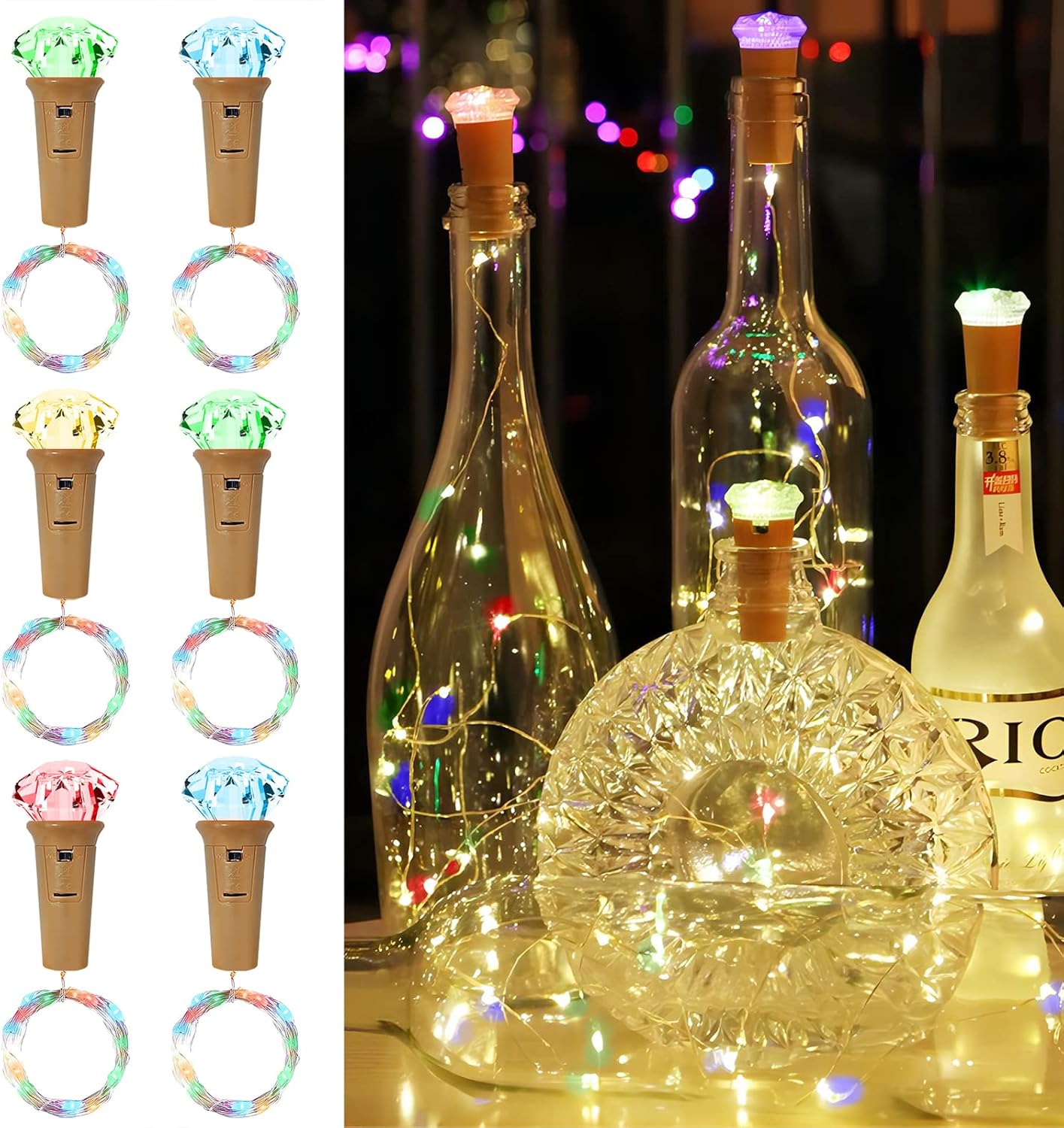ibaye Bottle Lights, 2M 20 LED Cork Lights for Bottles, 6 Pack Diamond