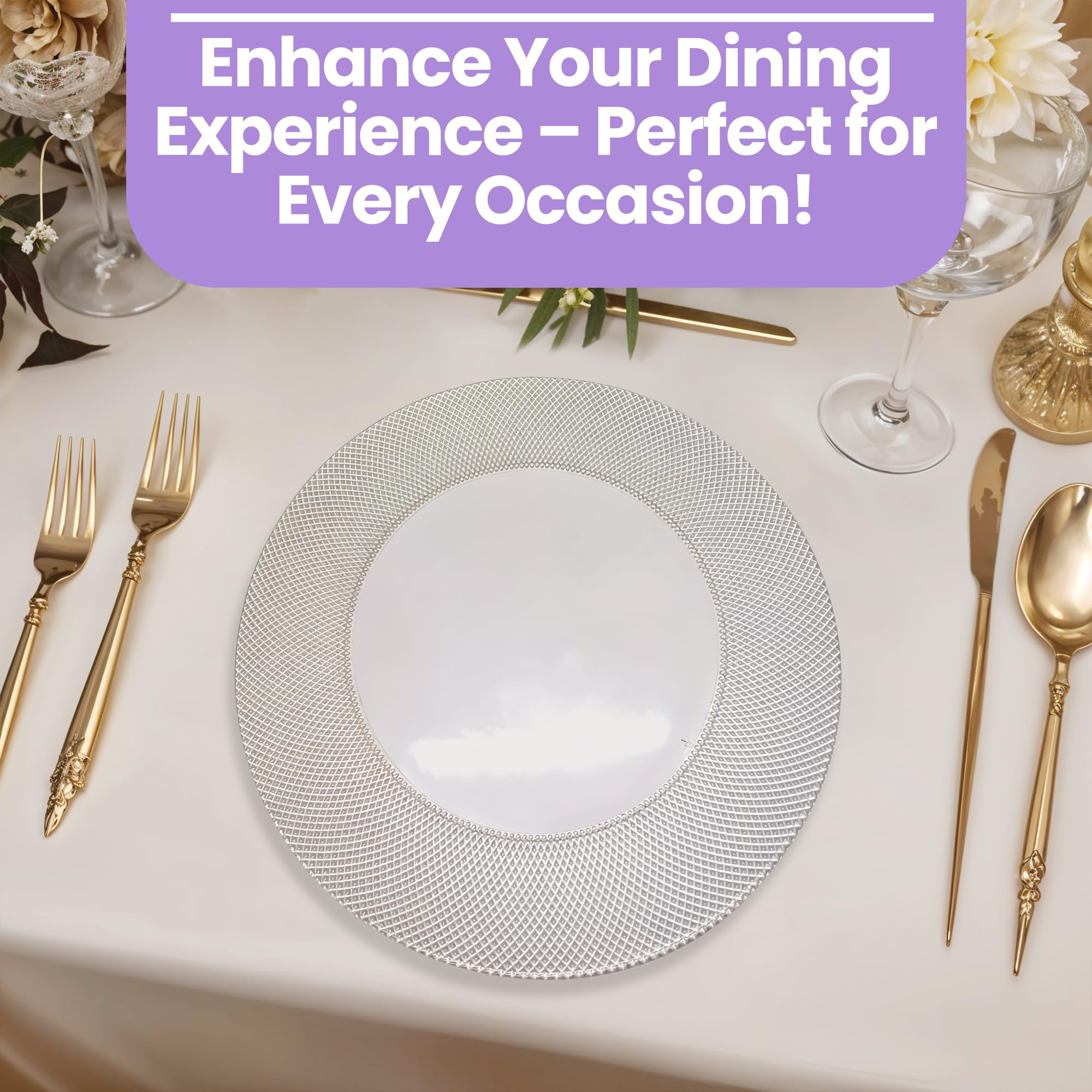 Elegante plato de carga de vidrio a cuadros plateado de 33 cm, placa inferior redonda ideal para bodas, fiestas, aniversarios, fiestas de cumpleaños, vajilla y eventos de catering, 6 unidades