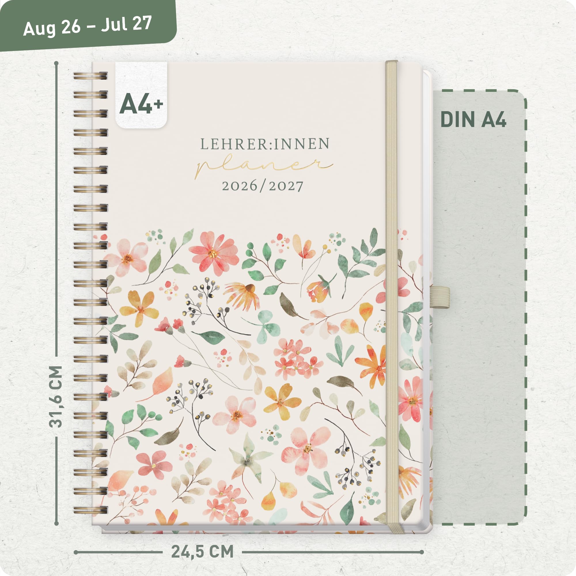 Häfft® Lehrerplaner 2026/2027 A4+ Deluxe – Großer Lehrerkalender & Schulplaner 26/27 mit Hardcover & Spiralbindung "Wild Blossoms" – Für Grundschule, weiterführende Schulen & Referendariat