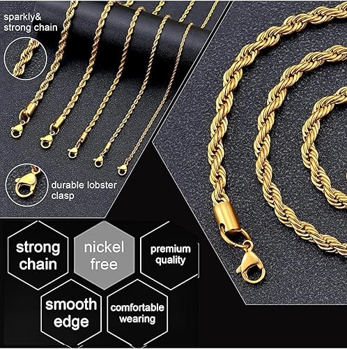 Miniatura 4 de Juego de 4 cadenas de cuerda chapada en oro, 0.079 in, 0.118 in, 0.157 in, 0.197 in, acero inoxidable chapado en oro para hombres y mujeres,