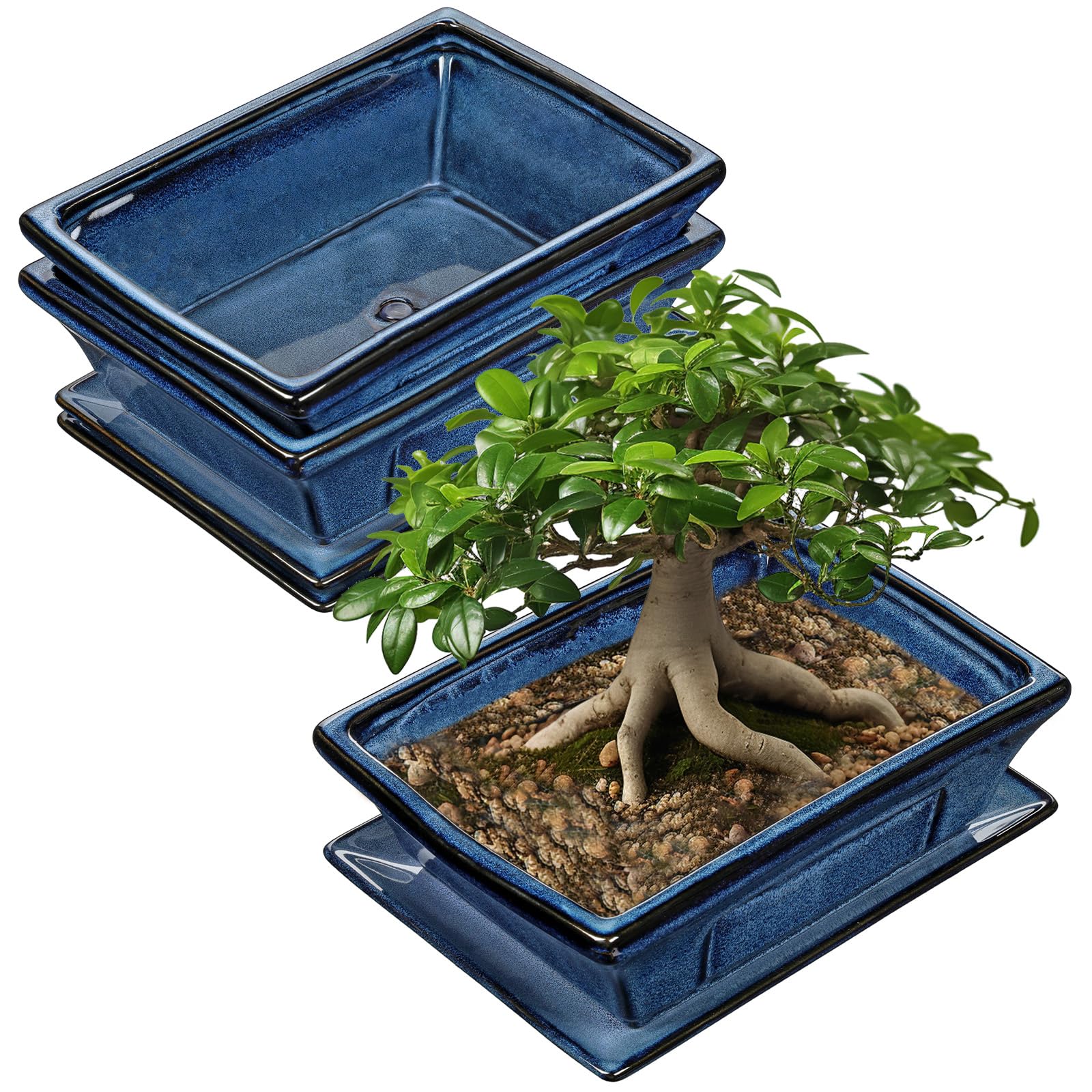 2er-Set Bonsai Keramiktopf Bonsaischale mit Untersetzer und Entwässerungslöchern für Japanische Bonsai Zimmerpflanzen, Retro-Dekoration für Gartenbehälter-Sets im Freien, Durchmesser Öffnung 26cm