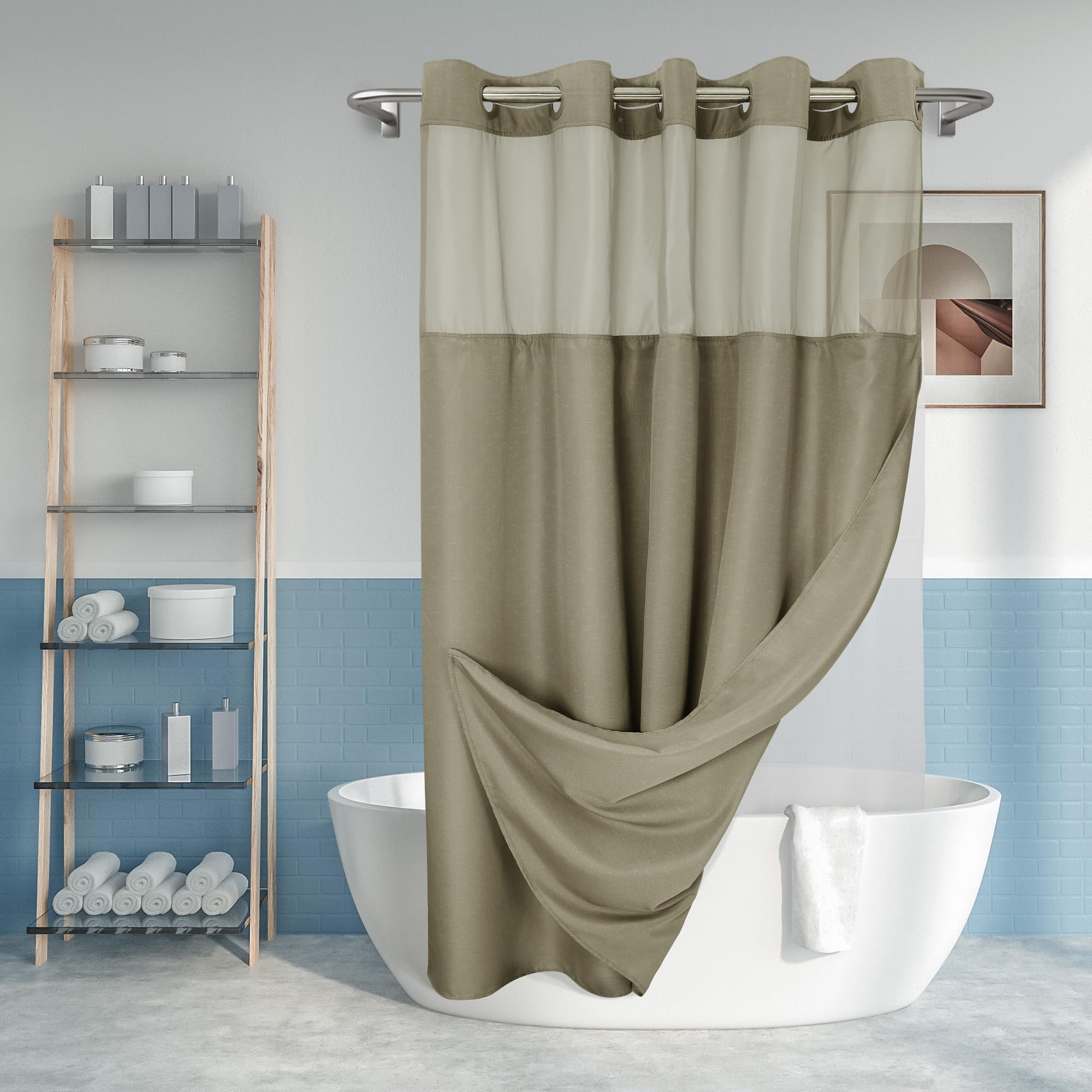 No Hook Slub Textured Shower Curtain with Snap-in PEVA Liner Set, 71" x 74"(72"), Hotel Style with See Through Top Window