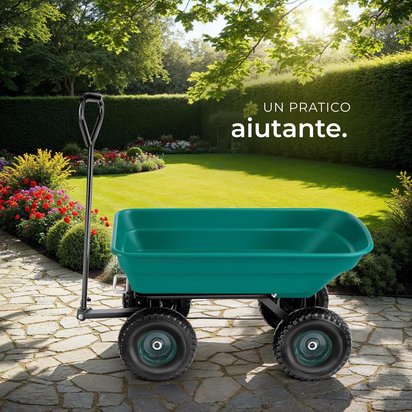 tectake® Carretto Giardino - Portata 120kg - Ruote Pneumatiche, Carrellino con Ruote Portatutto, Telaio in Acciaio, Manico Imbottito, Facile da Manovrare, per Giardino e Esterno - Verde