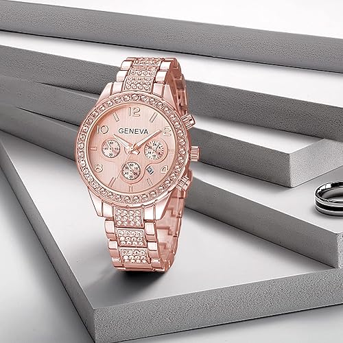 Miniatura 2 de Reloj de cuarzo unisex con diamantes de cristal flotantes de lujo con pulsera de eslabones de acero inoxidable Rose gold