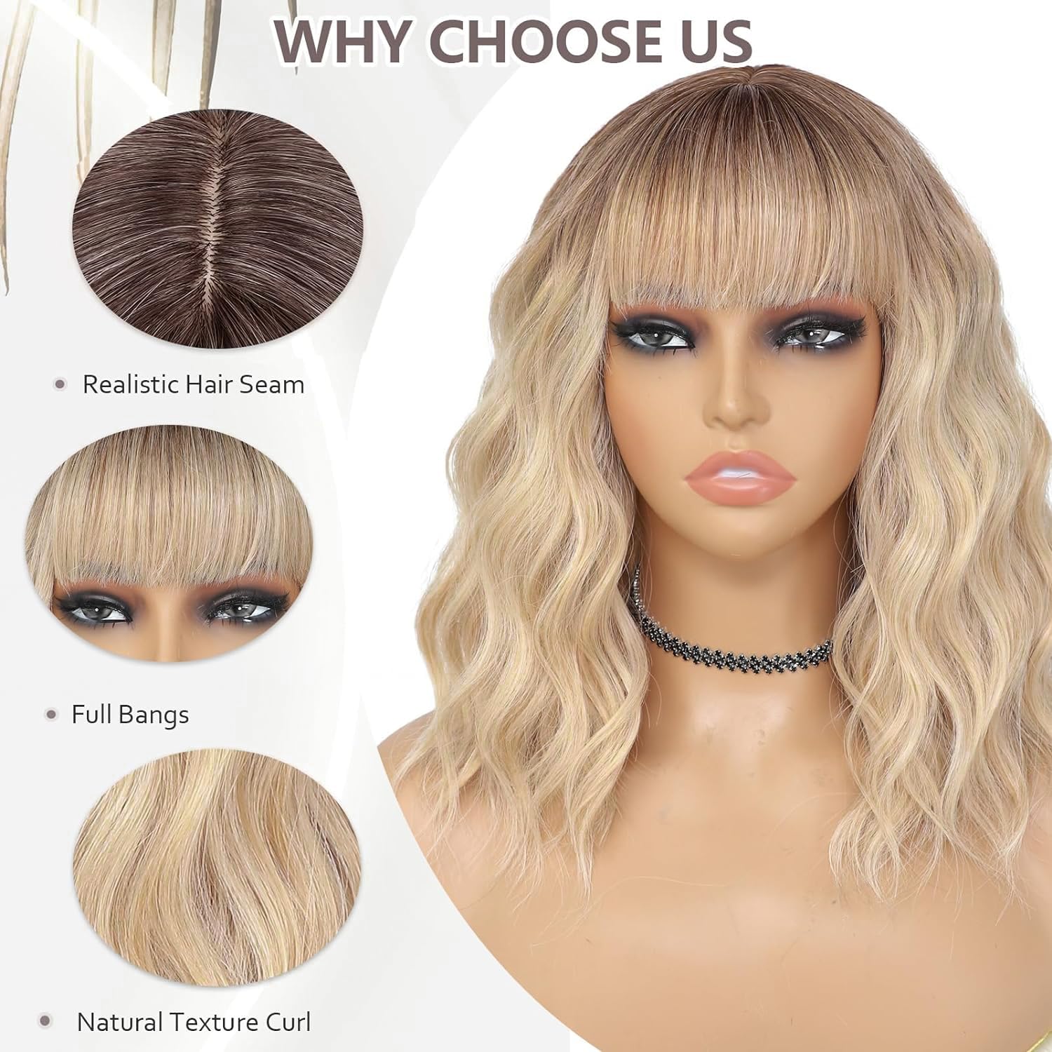 Colorfulpanda Short Blonde Bob Wigs with Dark Roots for Women Shoulder Length Wavy Curly Wigs with Fringe Natural Synthetic Hair Wig for Daily Use and Cosplay 14 inch - Image 3