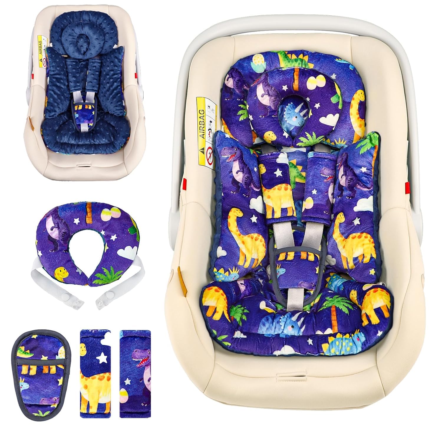 Hooyax Infant Car Seat Insert with Removable Head Support, Dual-Sided Baby Car Seat Cushion for Preemies & Newborns - Universal Head & Body Support for Car Seat, Stroller & Swing(Dinosaur)