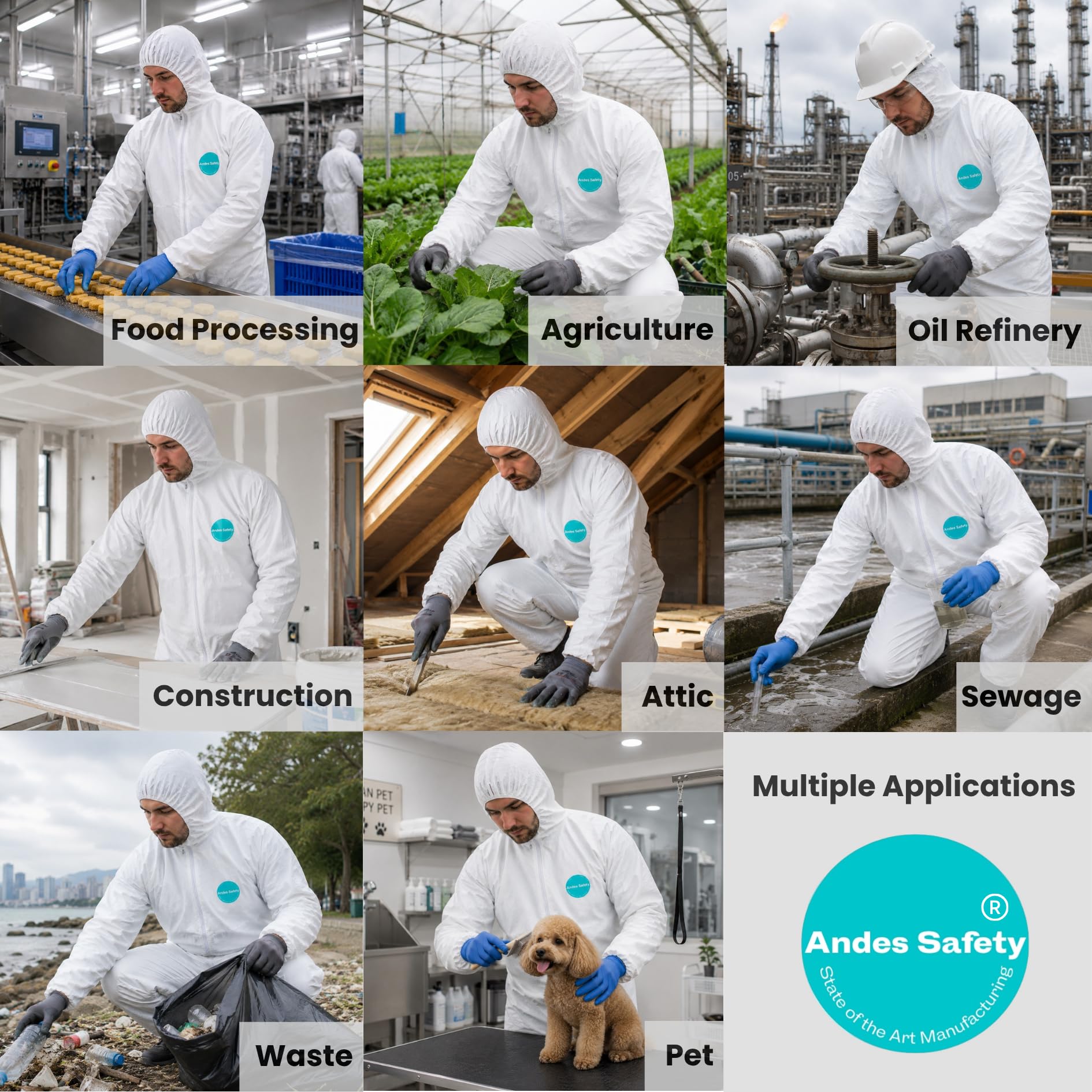 Andes Safety Microporous Polyethylene Coated Polypropylene Disposable Protective Coverall with Hood, Elastic Wrists and Ankles Trajes de Materiales peligrosos Unisex Adulto