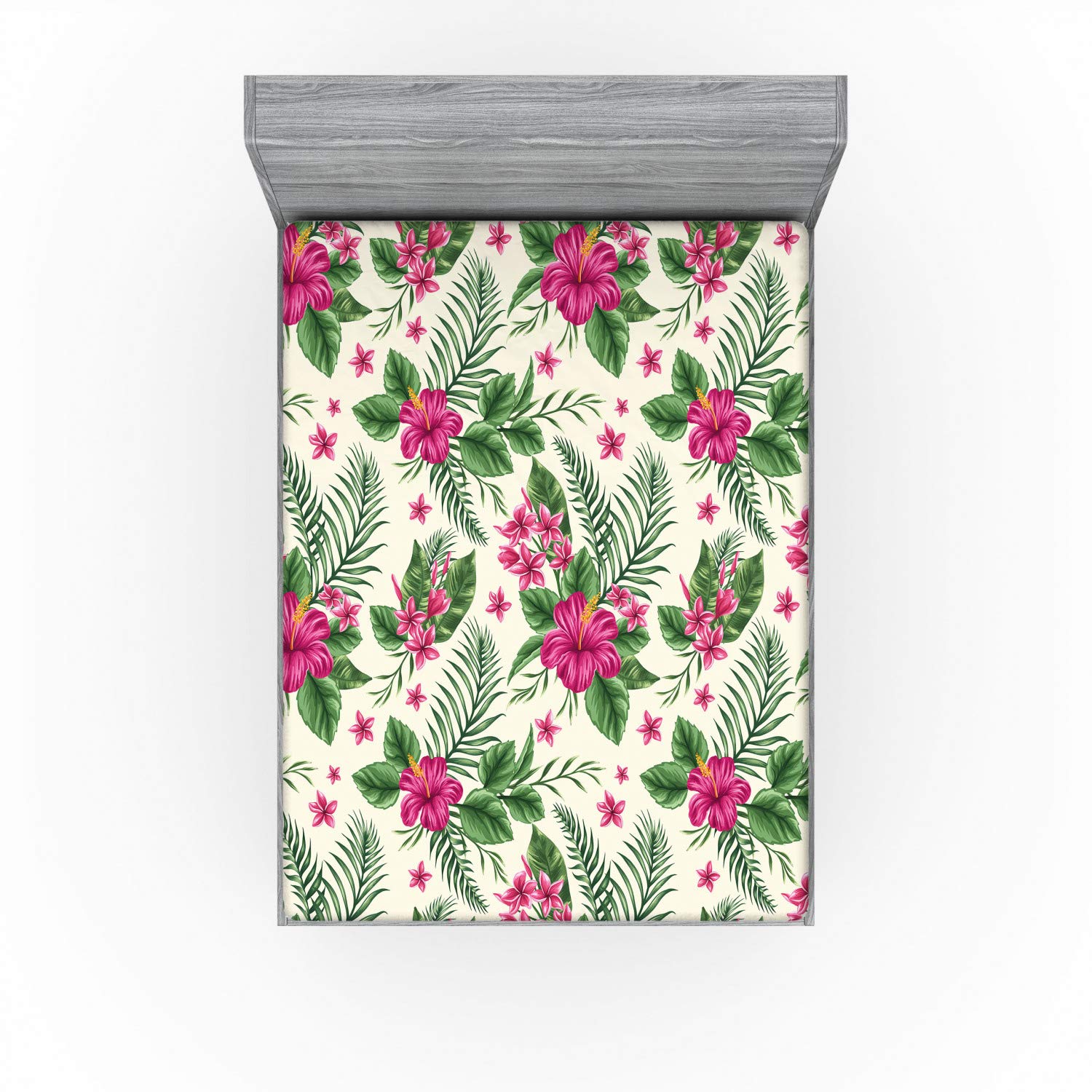 Ambesonne Watercolor Fitted Sheet, Plumeria and Hibiscus Flora Tropical Island Nature Aloha Hawaii Jungle, Bed Cover with All-Round Elastic Pocket for Comfort, California King, Magenta Cream