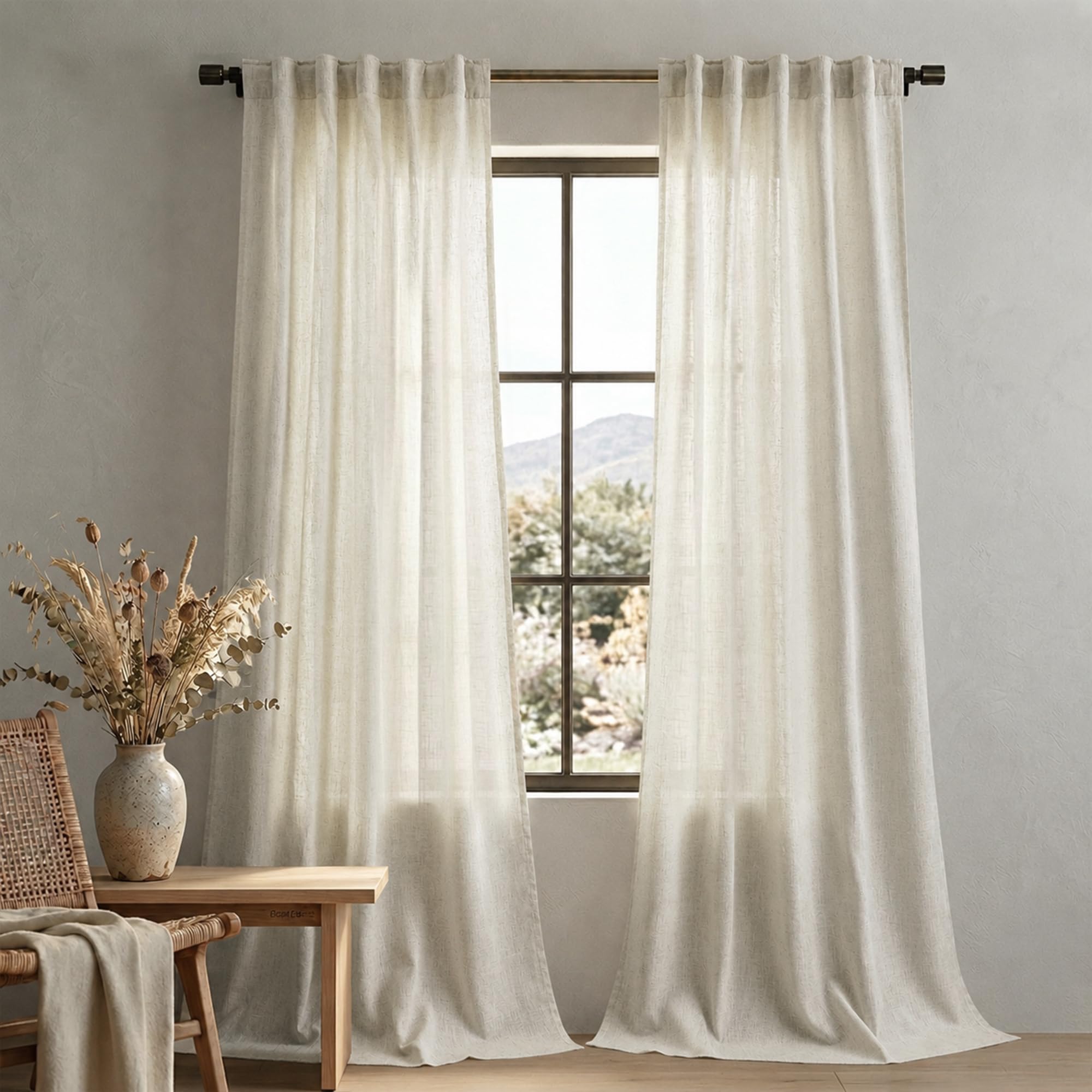Mrs.Naturall Flax Linen Narrow Curtains 84 Inches Long, Rustic Farmhouse Light Filtering Semi Transparent Skinny Curtain Panels for Living Room Bedroom, Tan Beige, 42x84 inch Length — image 1