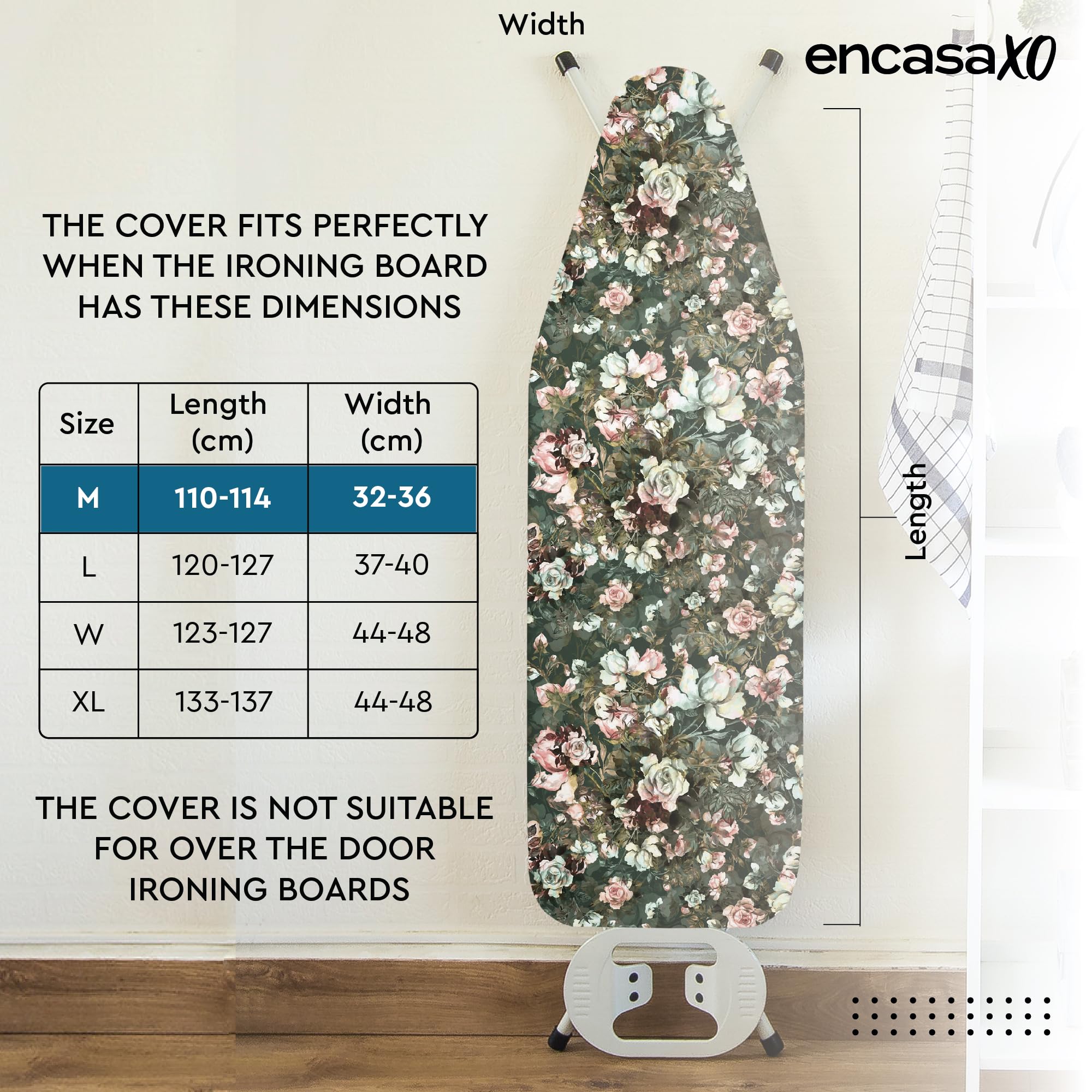 Encasa XO Ironing Board Cover, 4mm Thick Felt Pad, Heat Reflective Green Roses