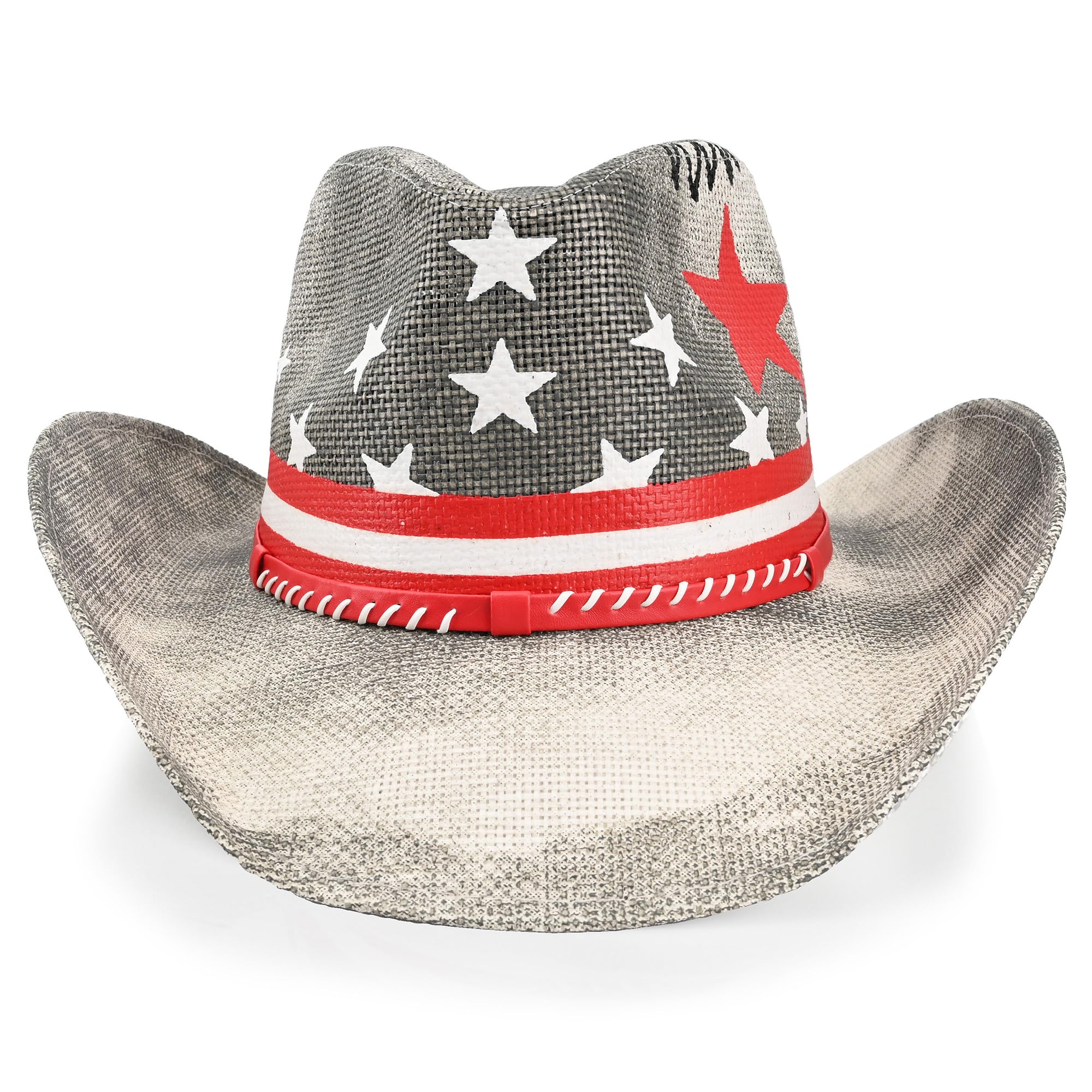 Foeran Cowboy Hat with Men's Women's Western Cowgirl Straw Hats,American Style Braided Faux Leather Strap Grey Star