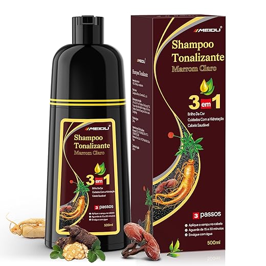 Shampoo Tonalizante Castanho 3 em 1 para Cabelos Grisalhos, Shampoo que Pinta o Cabelo para Mulheres e Homens, Tinta de Cabelo com Extratos Vegetais, Cobertura de Fios Brancos até 15 Dias, 500ml