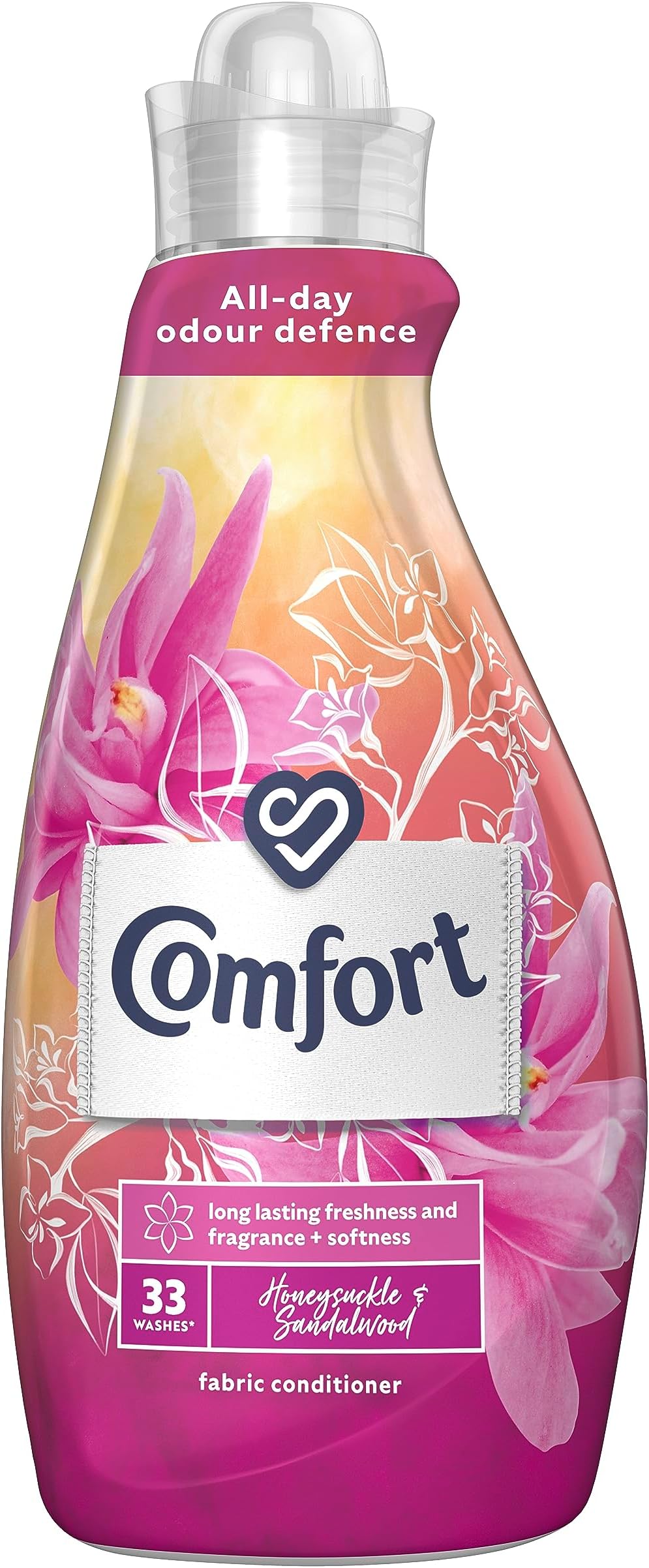 Comfort Honeysuckle & Sandalwood Fabric Conditioner all-day odour defence for your clothes for long-lasting freshness and fragrance + softness 33 washes 1.16 L