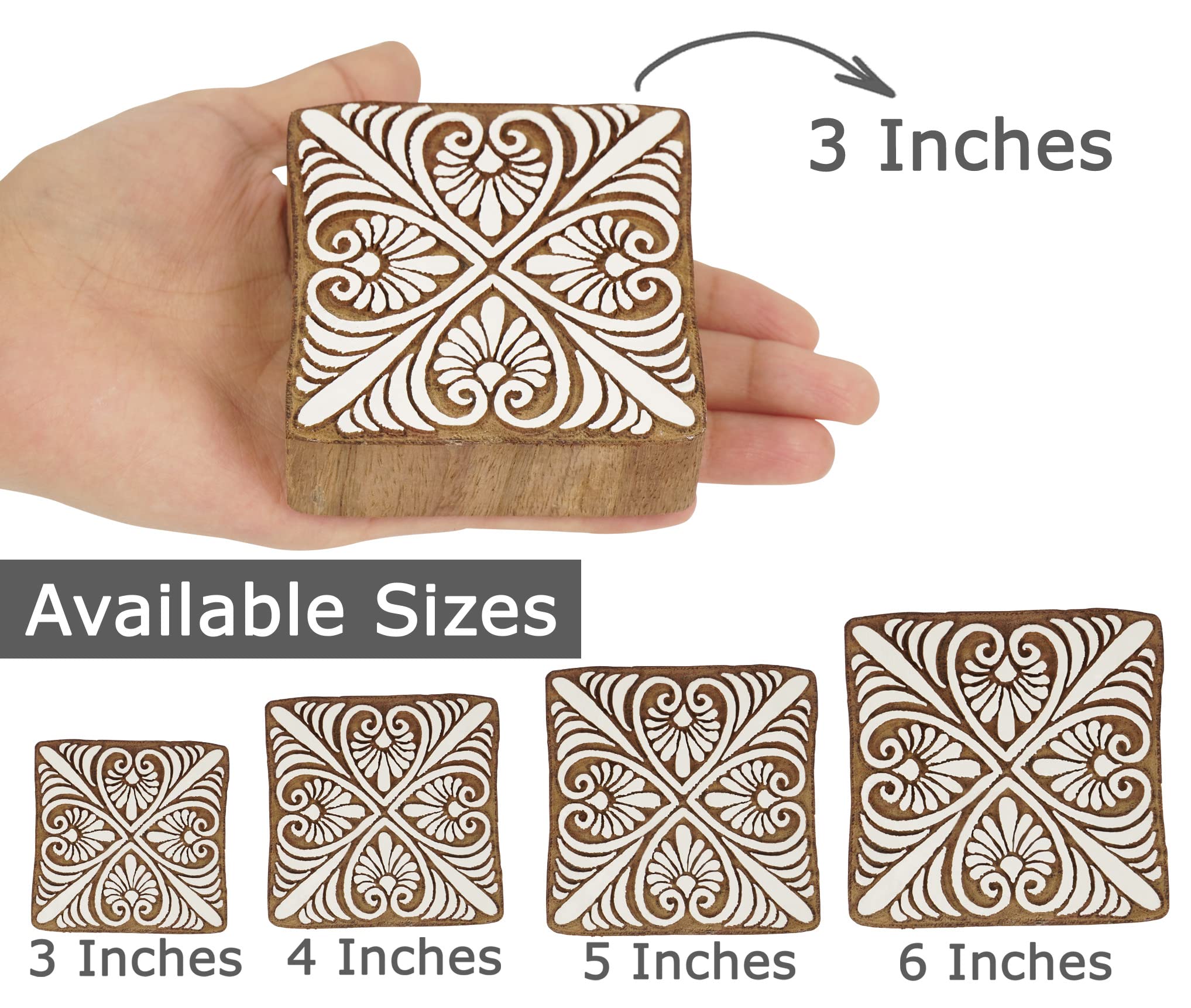 IBA Indianbeautifulart Textile Printing Block Asian Floral Motif Hand Carved Wooden Stamp Wood Block Printing Textile Stamps for Fabric/Pottery Blocks,4 Inch