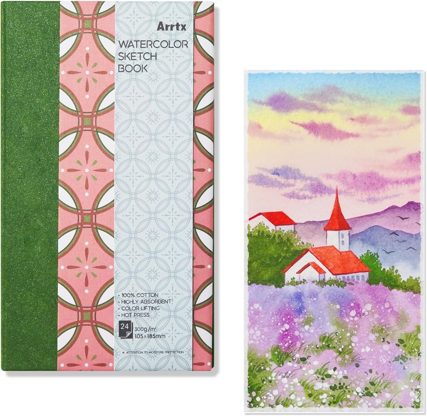 Arrtx Watercolor Journal, 7.28x4.13'', 140 LB, 300 GSM, 100% Cotton Paper, Hot Press, 24 Sheets, Hardcover Watercolor Sketchbook for Use As Travel Notebook for Artists Adults Students