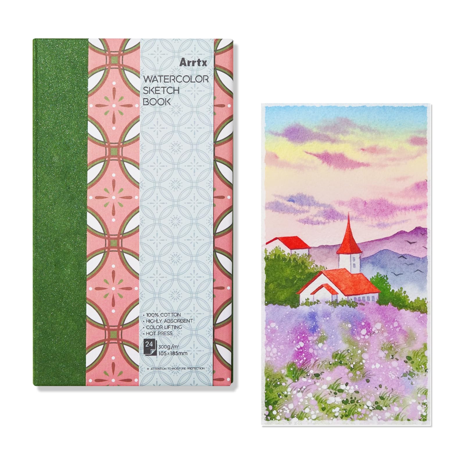 Arrtx Watercolor Journal, 7.28x4.13'', 140 LB, 300 GSM, 100% Cotton Paper, Hot Press, 24 Sheets, Hardcover Watercolor Sketchbook for Use As Travel Notebook for Artists Adults Students image 8
