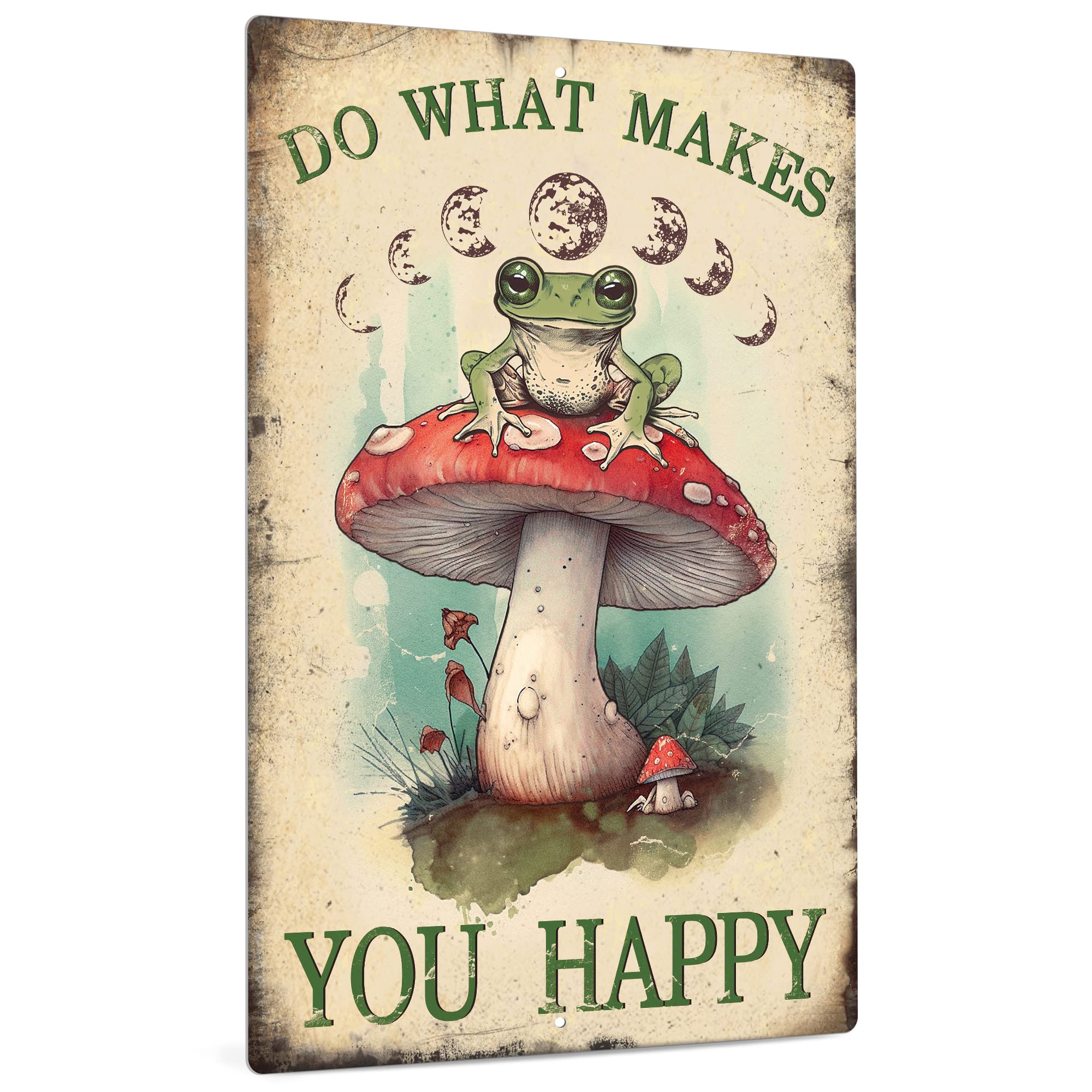 Do What Makes You Happy Metal Sign, Retro Frog Mushroom Wall Decor for Home, Bedroom, Bathroom, Living Room, 12 x 8 Inches Aluminum