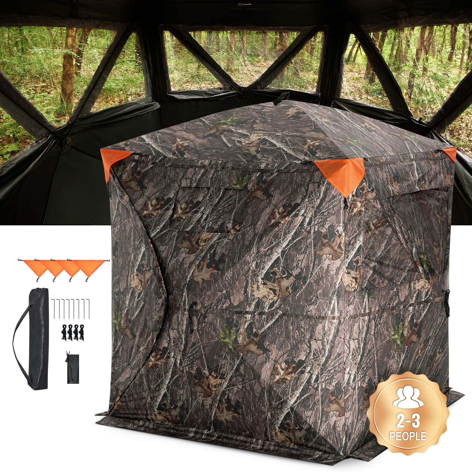 VEVOR Tienda de Caza Portátil Visión de 270° Puesto de Caza Plegable para 2 o 3 Personas con Bolsa de Transporte Tienda de Camuflaje Resistente con 3 Ventanas Horizontales, 1480 x 1480 x 1700 mm