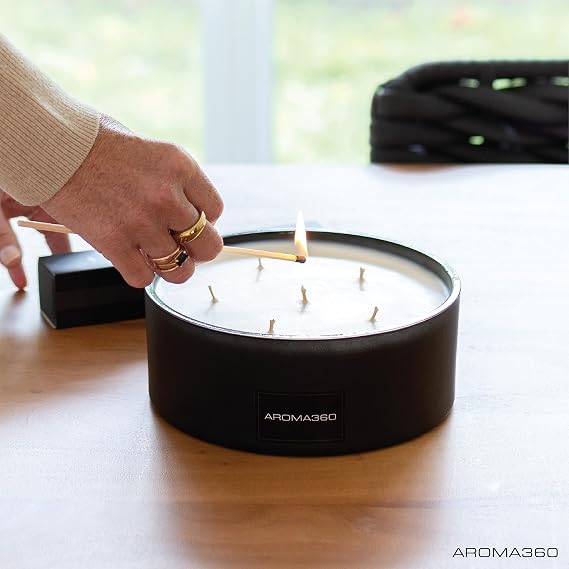 Aroma360 - Iris 50oz Candle - Luxury Scented Candles with Essential Oils - Notes of Cassis, Cool Blackcurrant and Bulgarian Rose - Aromatherapy - Soy Candles - 295hr Burn (Black)