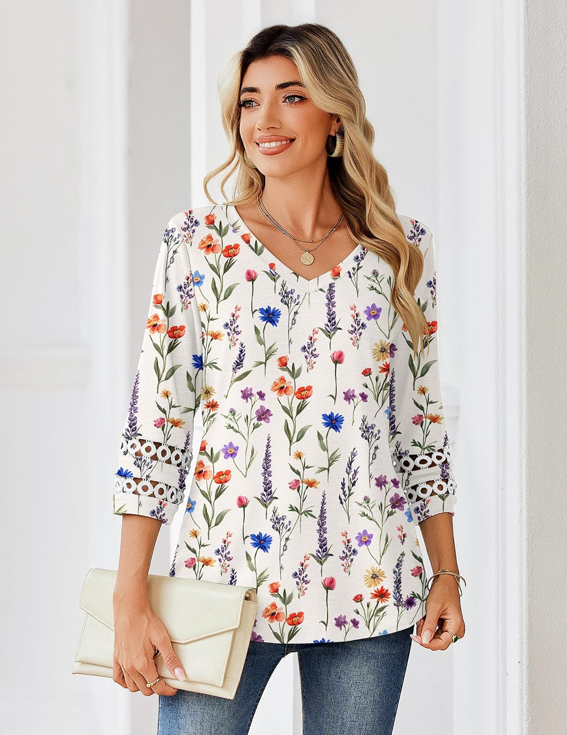 Zeagoo 3/4 Length Sleeve Womens Tops V Neck Dressy Casual Blouses Trendy Eyelet T Shirts Work Clothes S-XXL