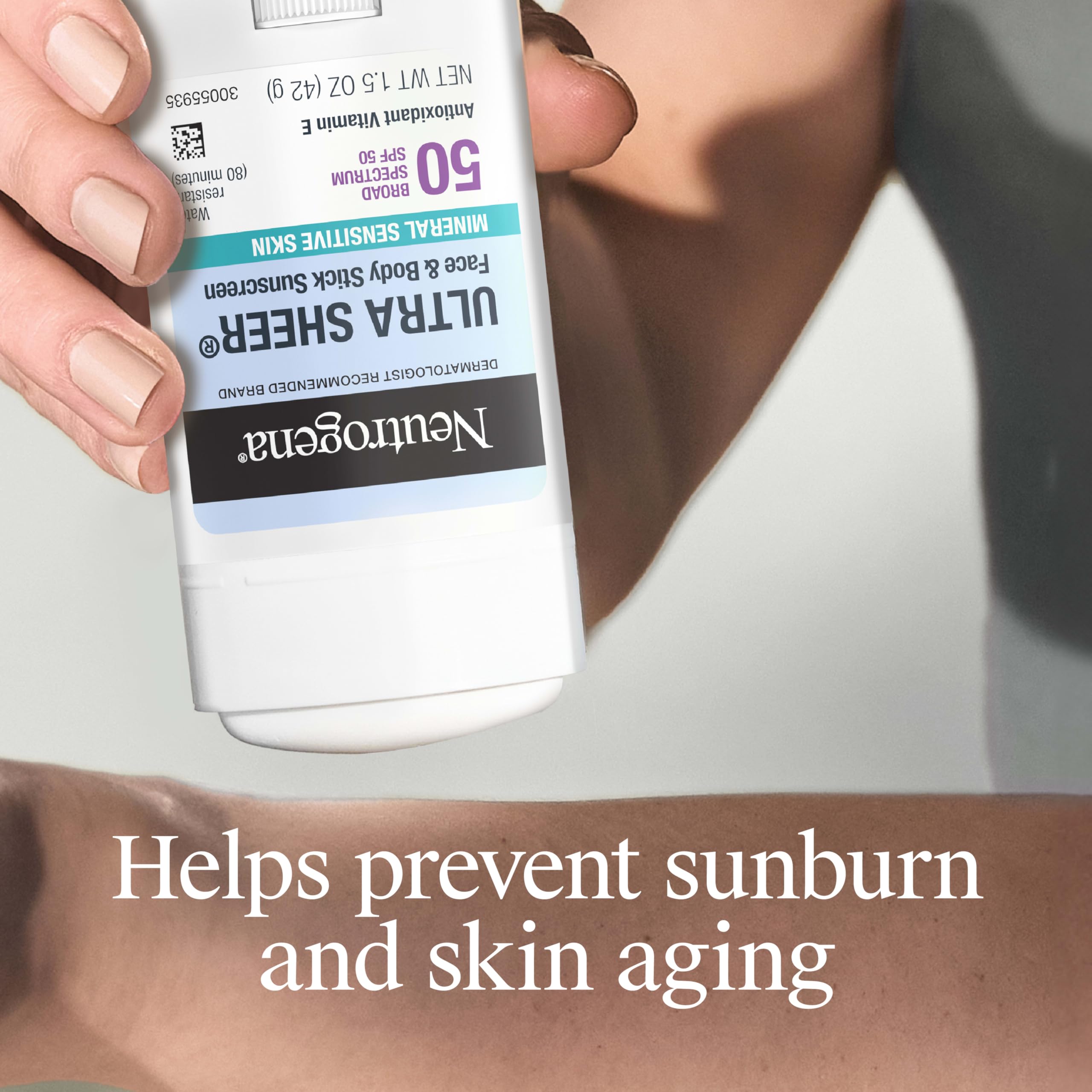Neutrogena Baguette solaire minérale ultra transparente Dry Touch SPF 50 pour peaux sensibles, visage et corps, sans résidu blanc, non comédogène et végétalien, 42,5 g