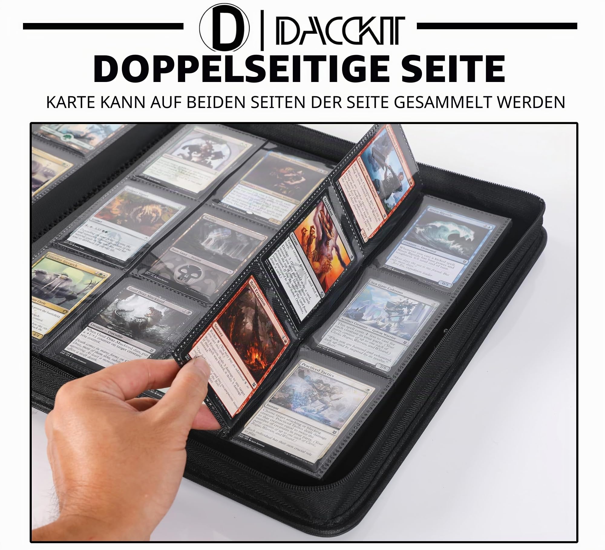 Premium-Kartenbinder mit 12 Fächern, passend für 1200 Karten, 7,6 x 10,2 cm, Ringloser Kartenbinder mit Hüllen für Sammelkarten und Sportkarten (Modell D, klassisches Schwarz)