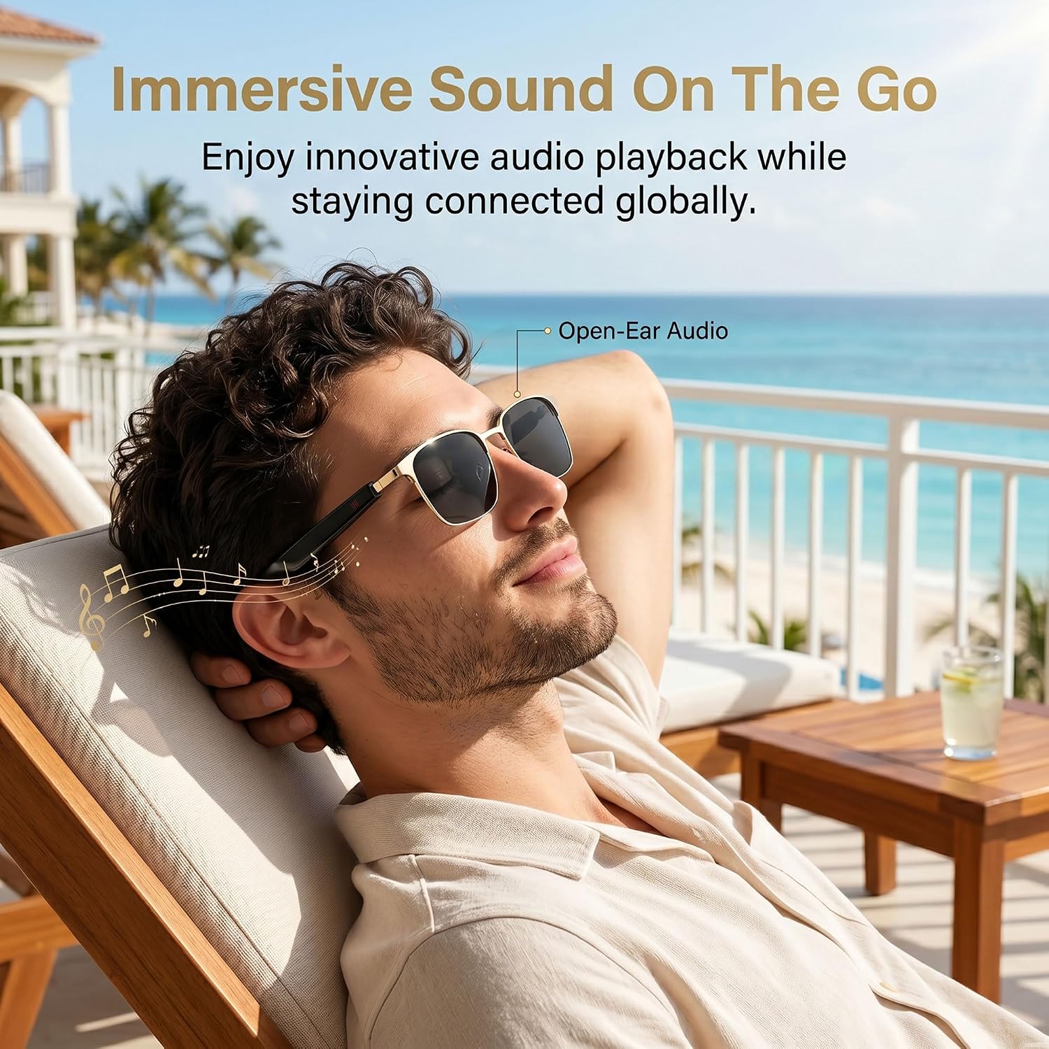 Smart AI Glasses with 164 Languages Translator, Photochromic, Gold | Gold smart audio sunglasses with 164 languages translator and photochromic lenses for men and women at work.