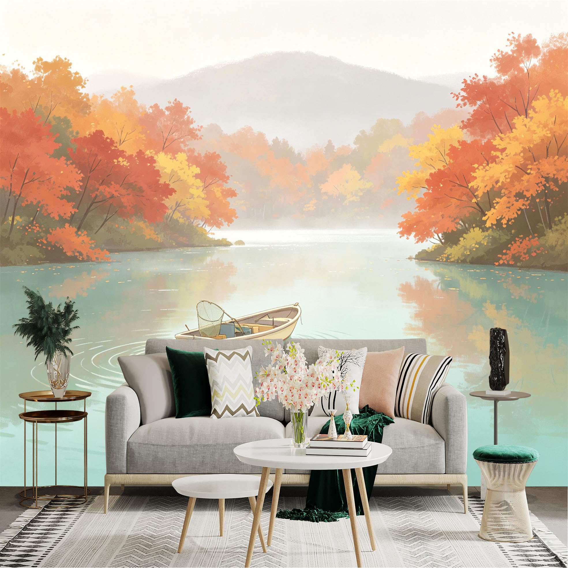 Custom Size Wall Sticker Mural， Autumn Lake Scene with Fishing Boat， Misty Forest and Colorful Foliage， for wall Decoration， peelandstick wall Decals.