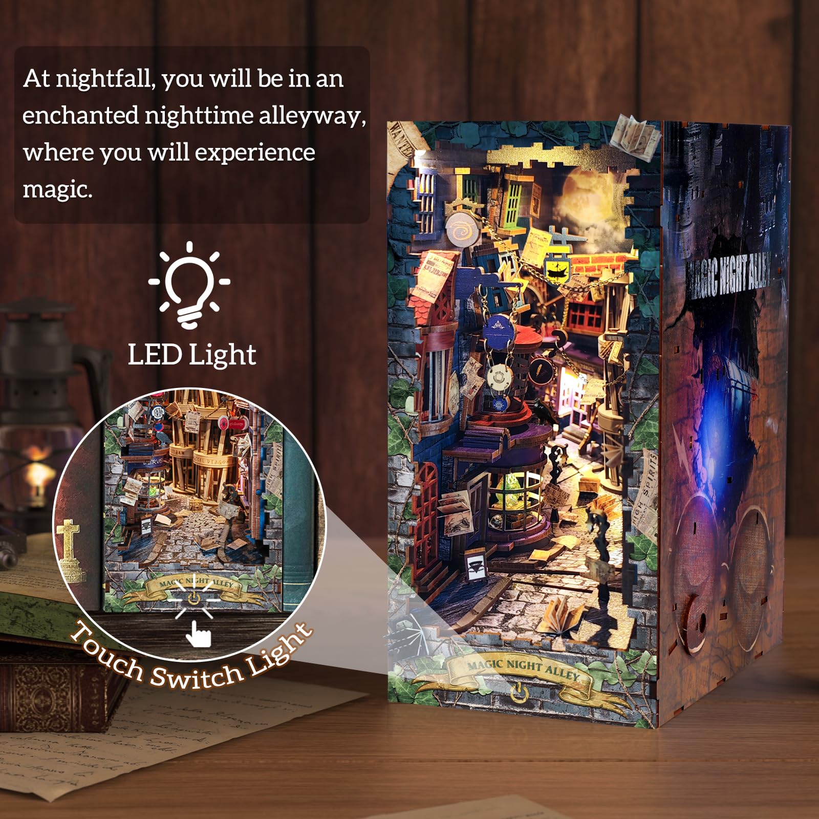 RONSTONE Book Nook - Vicolo Magico Notturno Casa Delle Bambole con Copertura Antipolvere e Luce LED - Puzzle 3D Fermalibri in Legno Inserto per Libreria Regalo Creativo