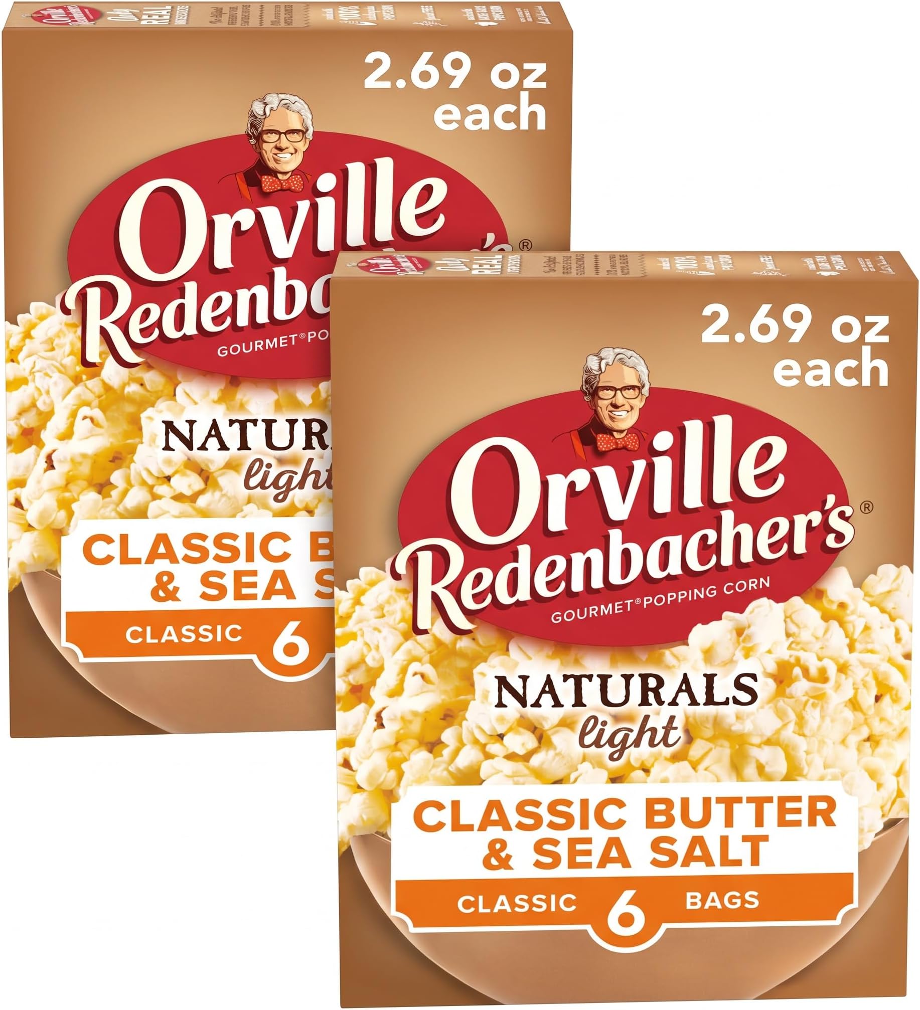 Orville Redenbacher's Naturals Light Classic Butter & Sea Salt Popcorn, 2.69 Oz, 6 Ct (Pack of 2)