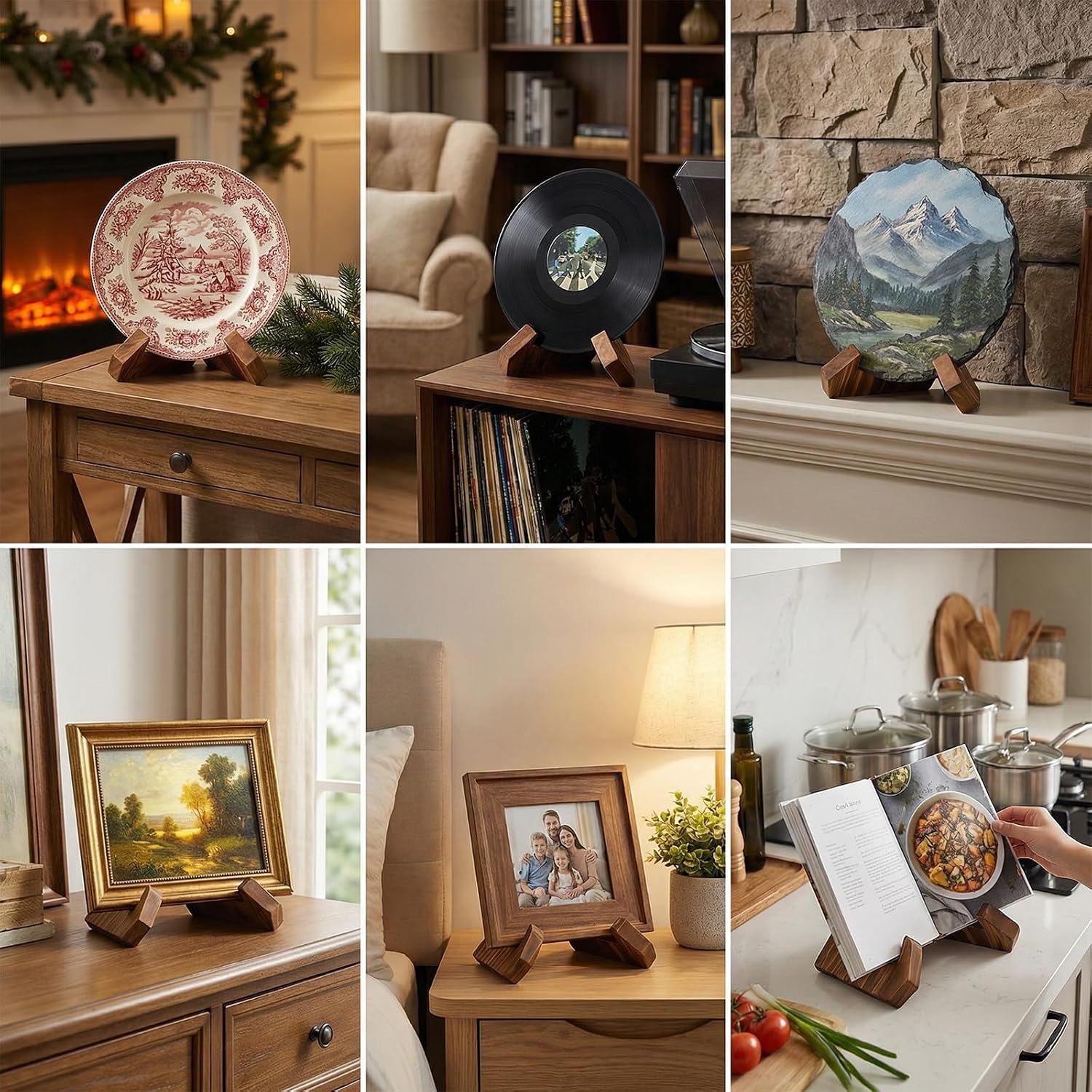2 Pack Wood Plate Stands for Display, 5.4 Inch Wooden Plate Holders for Displaying, Cross-Type Picture Frame Stand, Wood Decorative Plate Stand for Tabletop Art Photos Books