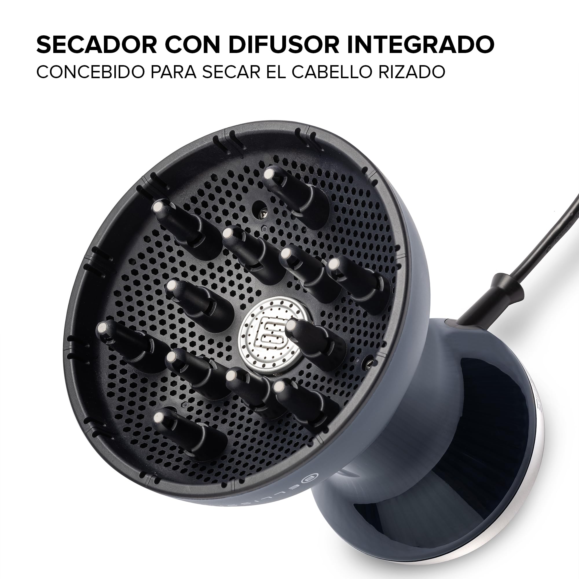 Bellissima Diffon Supreme Deluxe, Difusor de Aire Caliente para Cabello Rizado, Tecnología Cerámica y Queratina, Difusor XL, 3 Temperaturas y Ionizador, Secado Suave, bolsa de belleza, Negro Y Plata