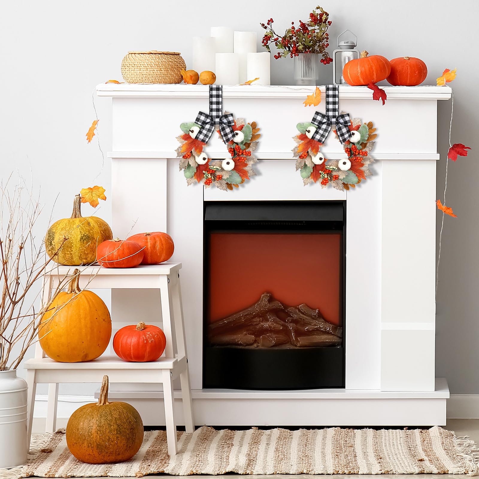 2 Pack Mini Fall Wreaths - 9 Inch Artificial Wheat & Orange Flower Wreaths For Cabinet, Thanksgiving Farmhouse Decor