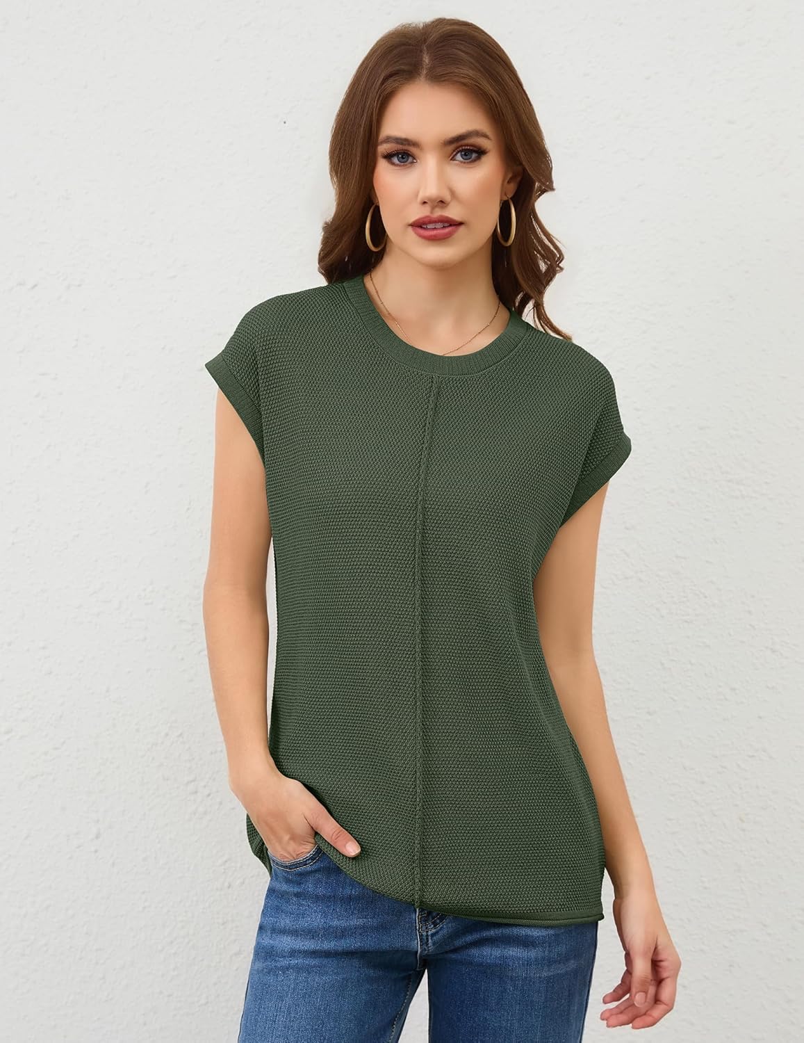 Women's Green Sleeveless Waffle Knit Sweater Vest Loose Fit Chic Knit Cap Sleeve Tank Tops Texture Knitted Pullover Gifts - Image 4