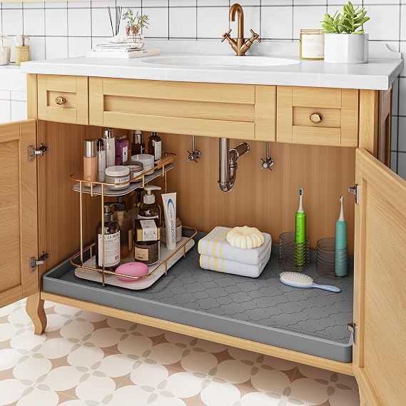 Jin&Bao Under Sink Mat 22 x 19 Waterproof Silicone Cabinet Kitchen Liner | Silicone kitchen cabinet protector, bathroom shelf liner, raised edge traps leaks, anti-slip, easy to clean & dishwasher safe