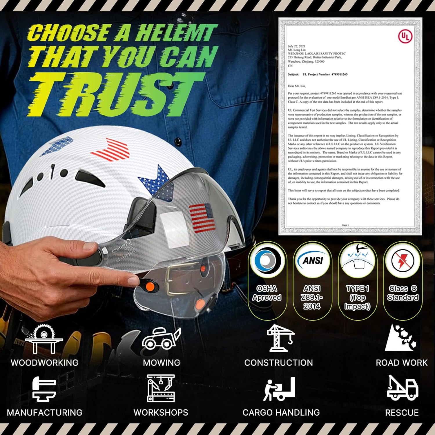 Carbon Fiber Pattern Hard Hat with Visor - Hard Hats with Double Safety Glasses Construction OSHA Approved for Men,Vented Safety Helmet with Chin Strap,ANSI Z89.1 Type 1 Hardhats
