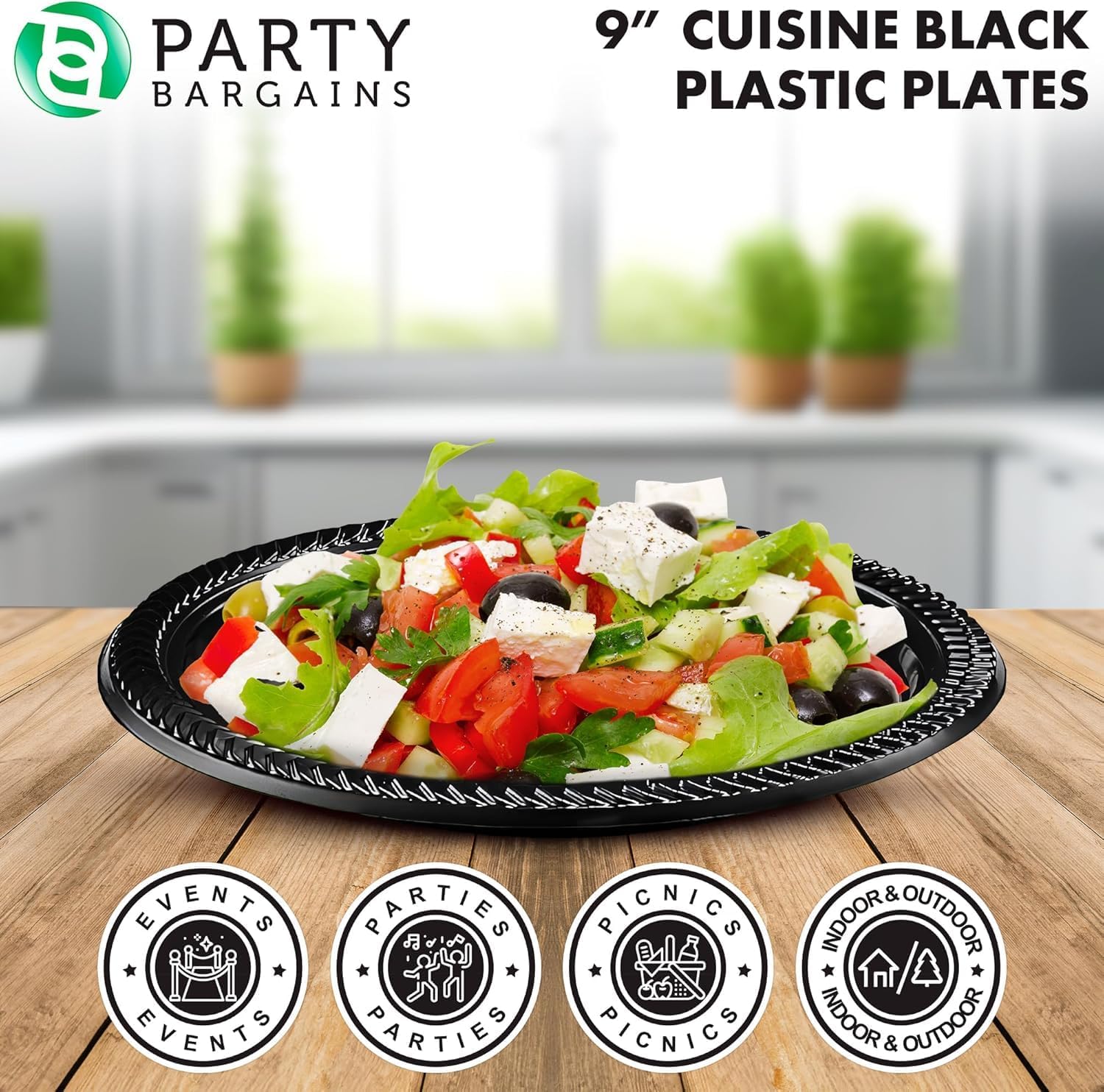 PARTY BARGAINS 9 Inch Disposable Plastic Plates 200 Pack, Black Dinner Plates, Microwave Safe Party Plates, Lightweight Disposable Plates for Parties, Catering and Events