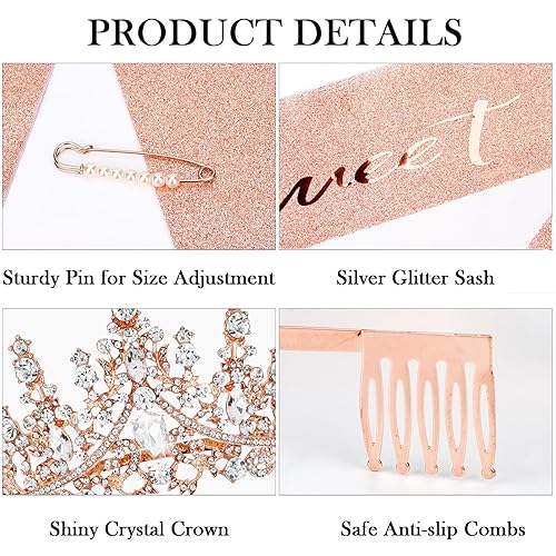 Miniatura 24 de Casoty Faja de cumpleaños de 16 años, juego de tiara con alfiler de perlas y decoraciones para niñas