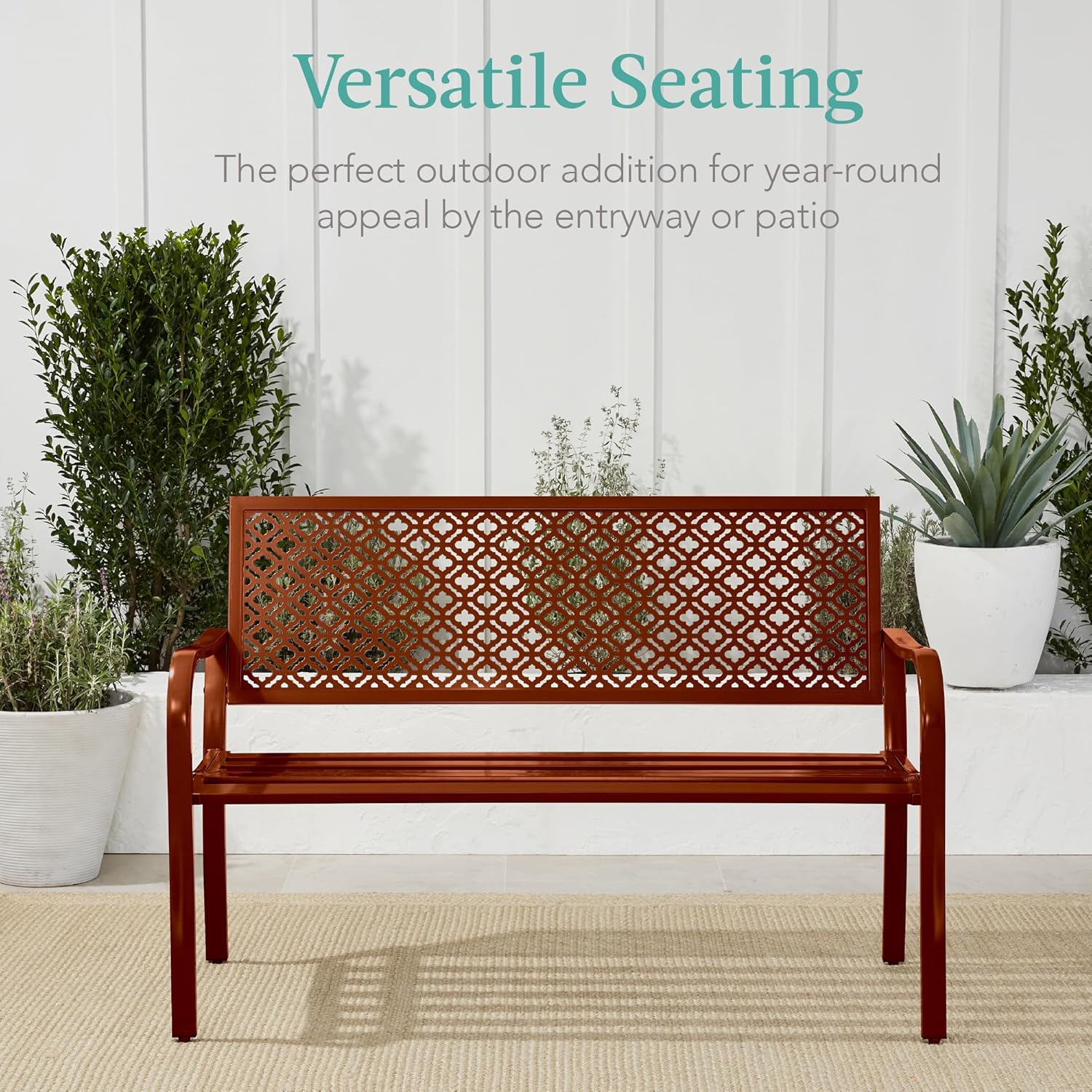 Rust Steel 2-Person Outdoor Bench with Geometric Backrest