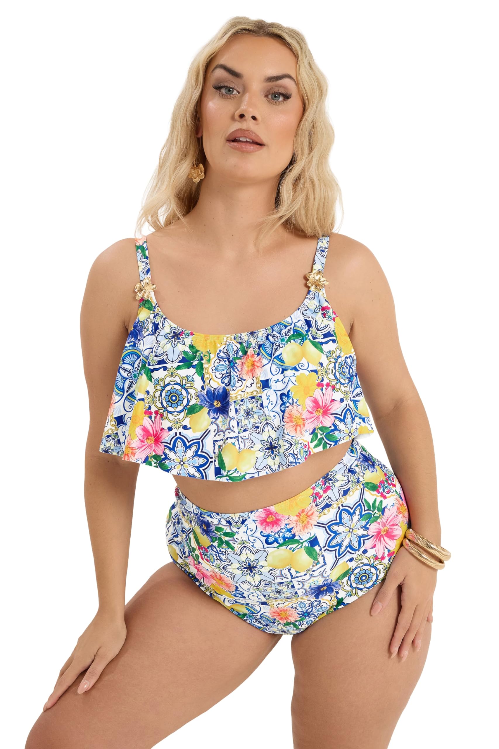 Yours Women's Multi Curve Blue Mediterranean Tile Frill Bikini Top - Plus Size Curve