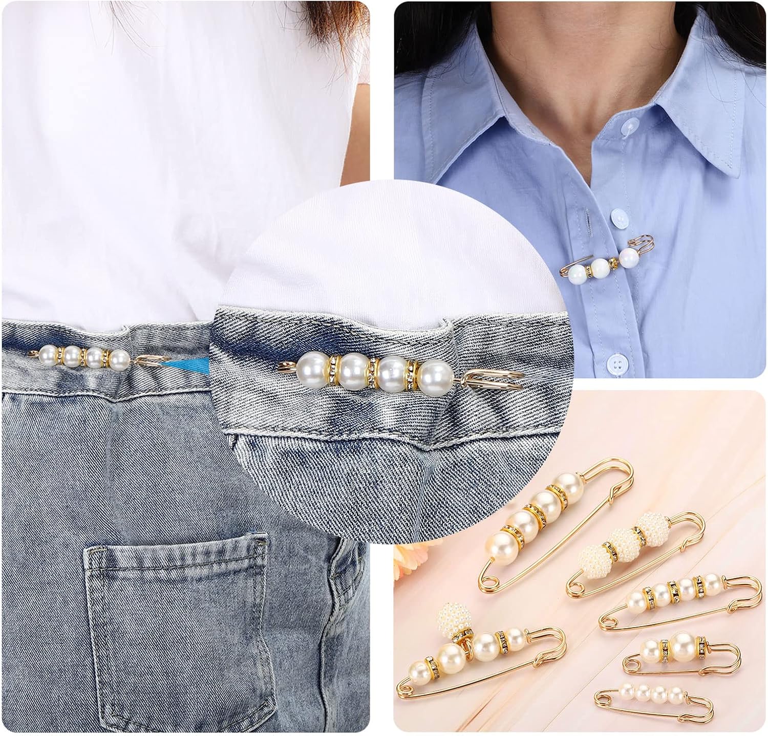 MECCANIXITY Pearl Brooch Pins 6 Styles 1.5/2.3/3 Inch Metal Faux Pearl Decorative Collar Safety Pins Clips for Women Clothing Dress Pants Trousers Skirt Waist, White, 6pcs