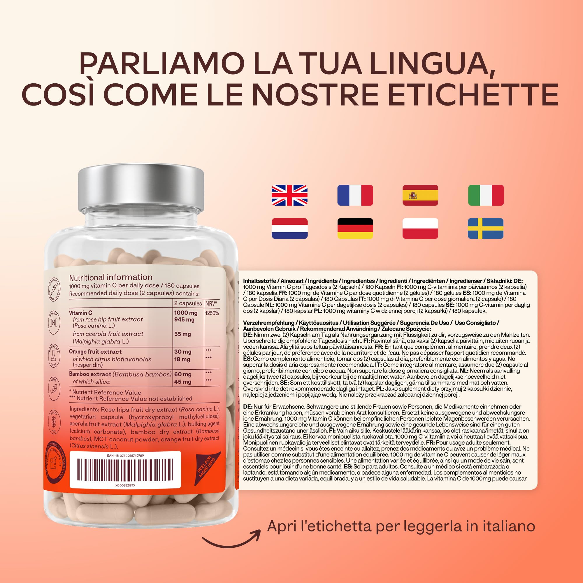 Vitamina C 1000mg Vegan - Integratore Vitamina C Naturale Alto Assorbimento con Bioflavonoidi, Rosa Canina, Acerola - 1000 Vitamina C Pura per dose - Vitamin C Difese Immunitarie 180 Capsule