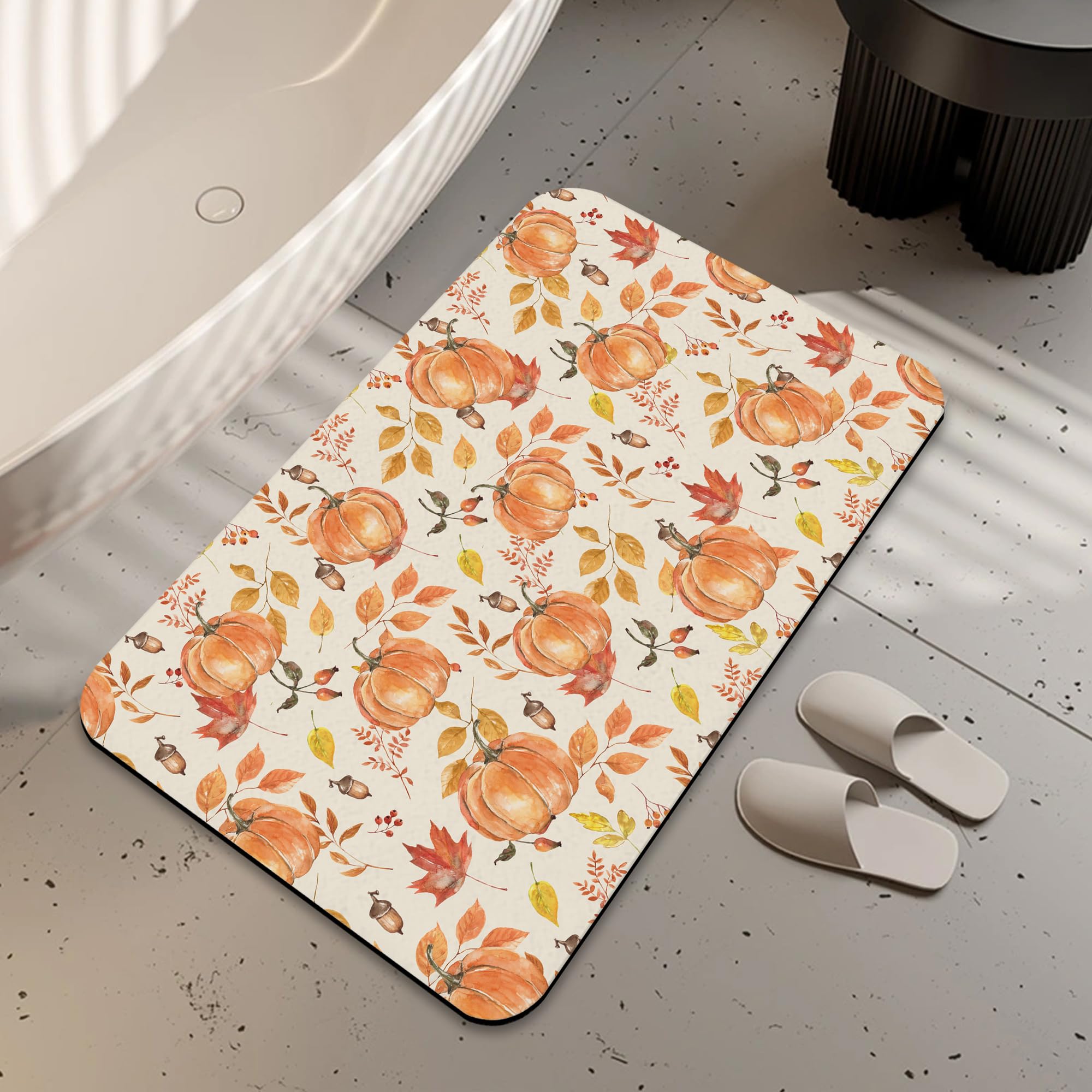 LUOENY Non-Slip Bath Mat 75x43 cm, Absorbent Quick Drying Thin Bathroom Mat for Bathtub Side Floor, Easy to Clean, Orange Fall Pumpkin