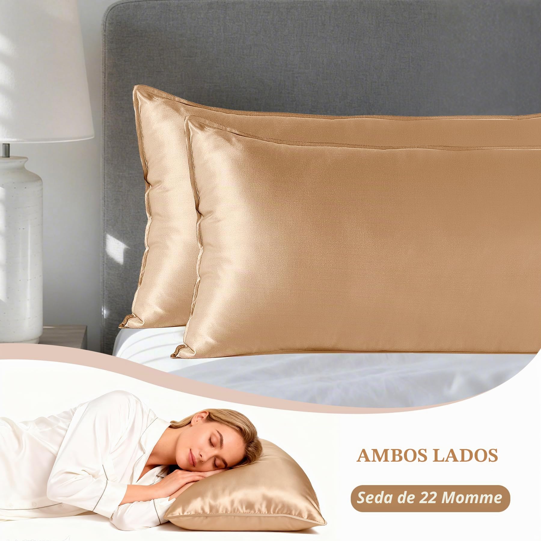 Fundas de Almohada de Seda 100% Morera Natural 22 Momme, Suaves y Cuidado de la Cabello Funda de Almohada de Seda 2 Piezas Champán (40 * 80cm)