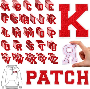 WILLBOND 104 Pieces Iron On Letters Chenille Letter Patches 3.1inches A-Z Alphabet Patches for Clothing Preppy Sew Embroidered Repair Fabric Jacket Jeans BagRed with White Edges
