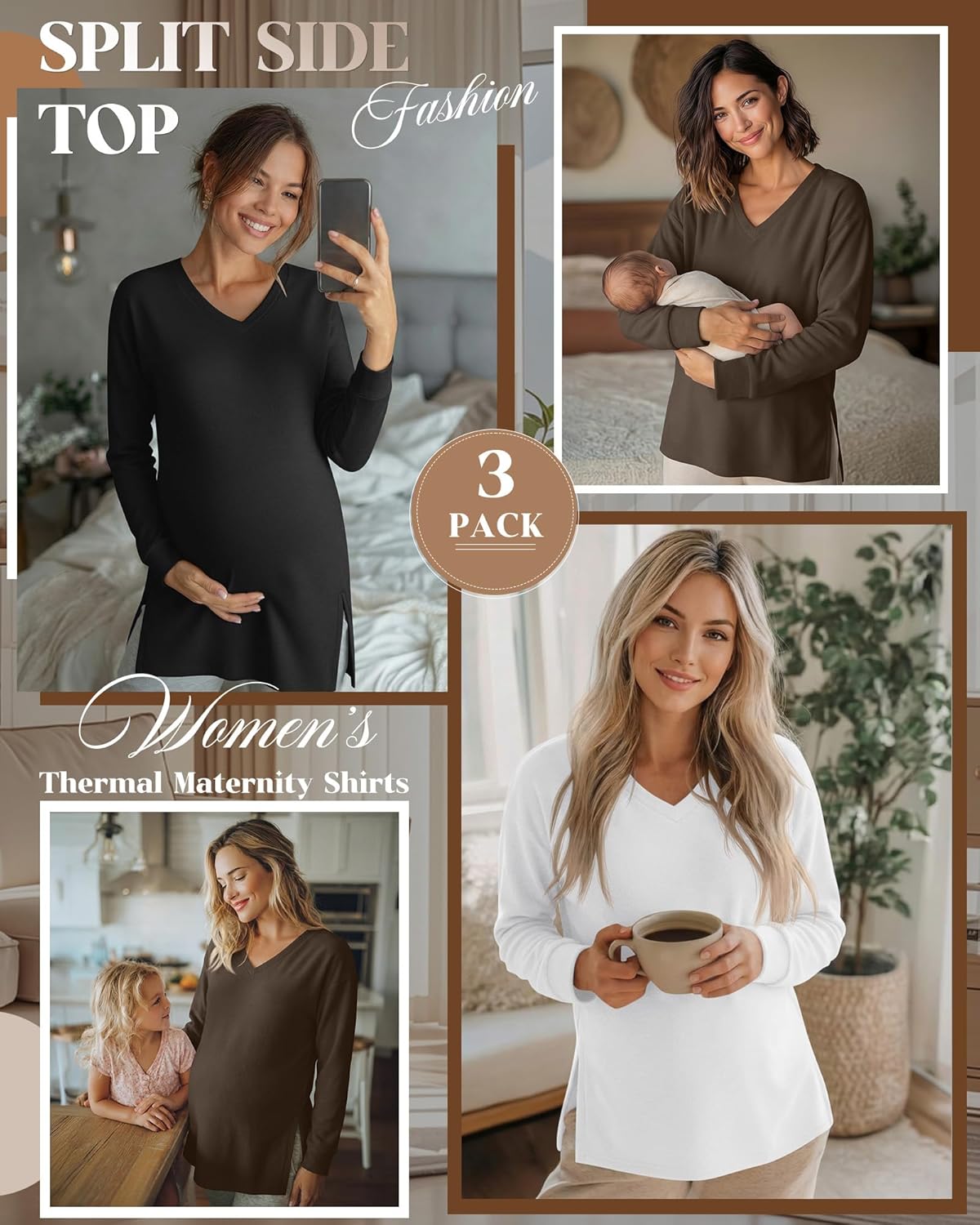 Huukeay 3 Pack Women's Thermal Maternity Shirts Long Sleeve Fleece Lined Pregnancy Tops Split Side V Neck Maternity Clothes - Image 3