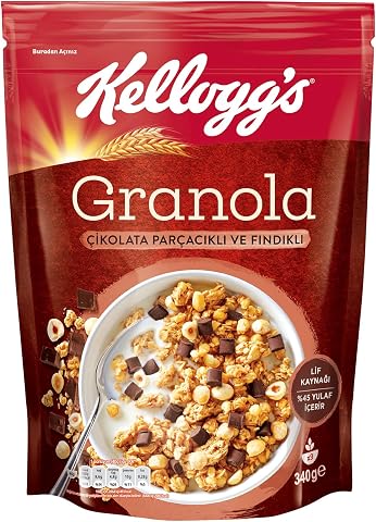 Kellogg's Granola Çikolata Parçacıklı ve Fındıklı 340 Gr,%44 Yulaf içerir,Lif Kaynağı,%11 Belçika Çikolata Parçaları,Antioksidan içerir,Kahvaltılık Gevrek,Müsli
